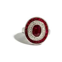 DIAMOND AND SYNTHETIC RUBY RING AND DIAMOND EARRINGS