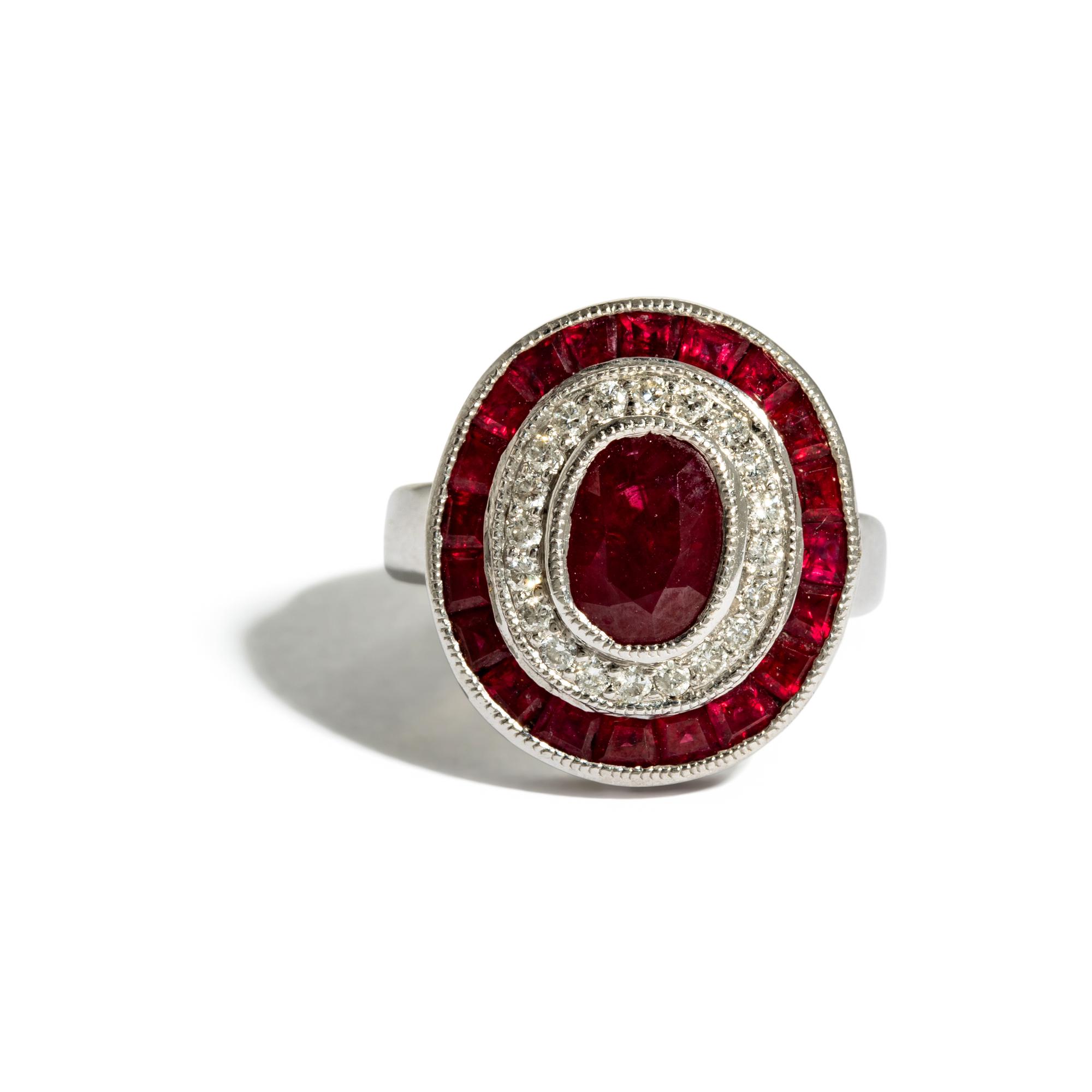 DIAMOND AND SYNTHETIC RUBY RING AND DIAMOND EARRINGS