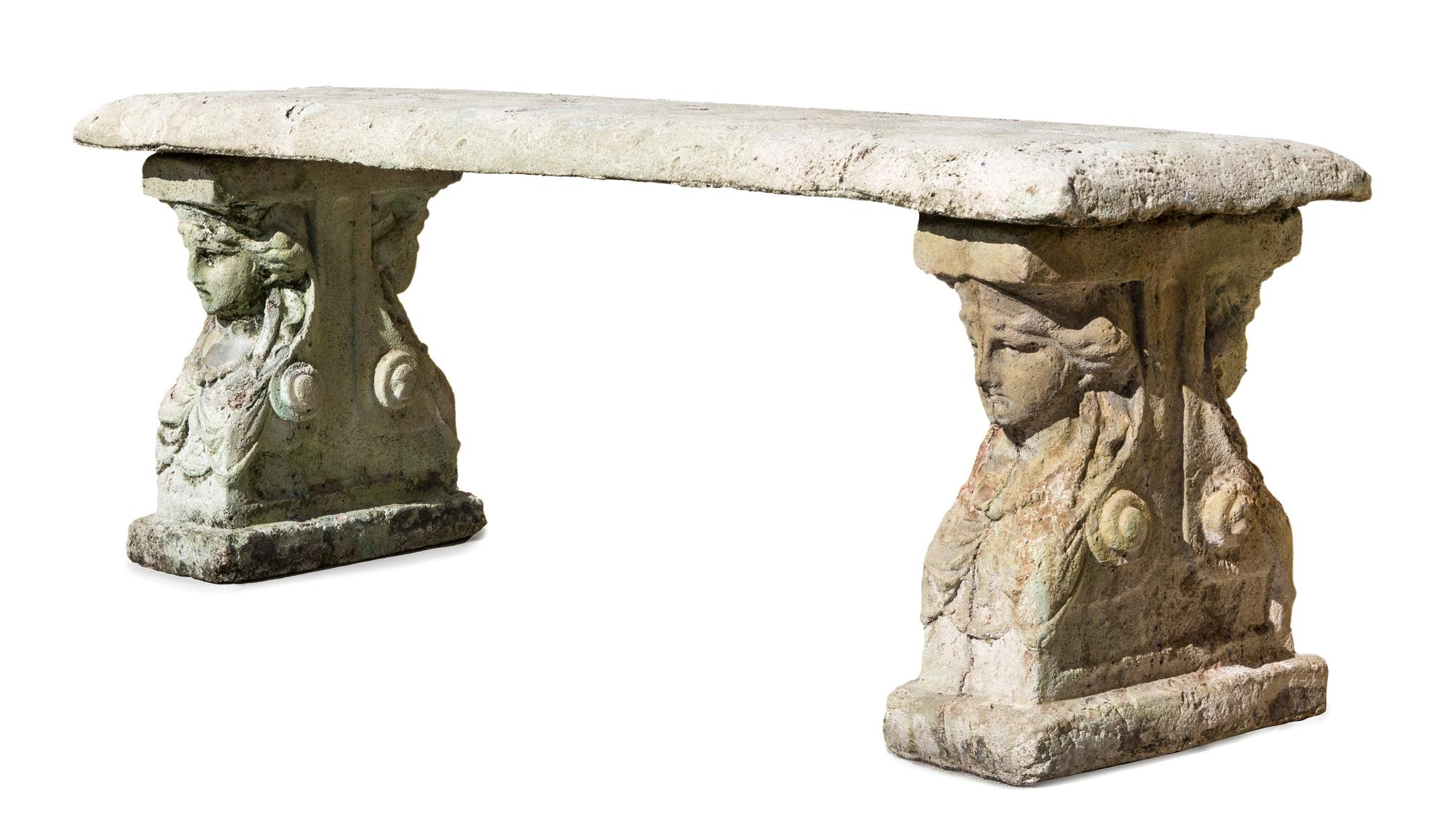 A Baroque-Style Stone Composite Bench Height 20 x width 53 x depth 17 inches.
