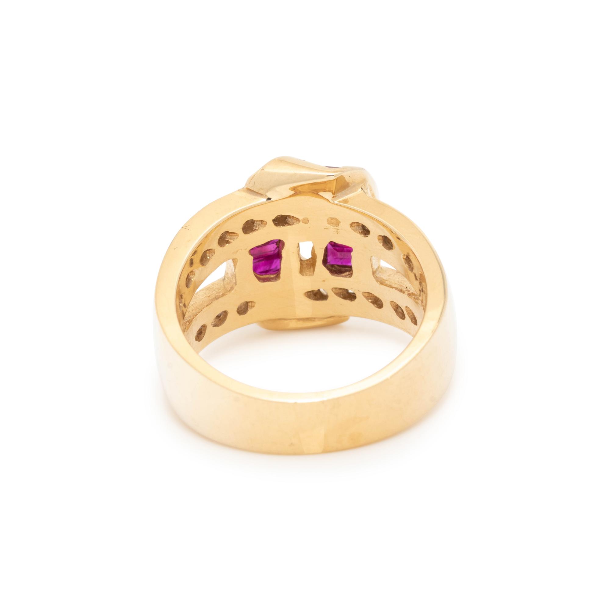 YELLOW GOLD, SYNTHETIC RUBY AND DIAMOND RING