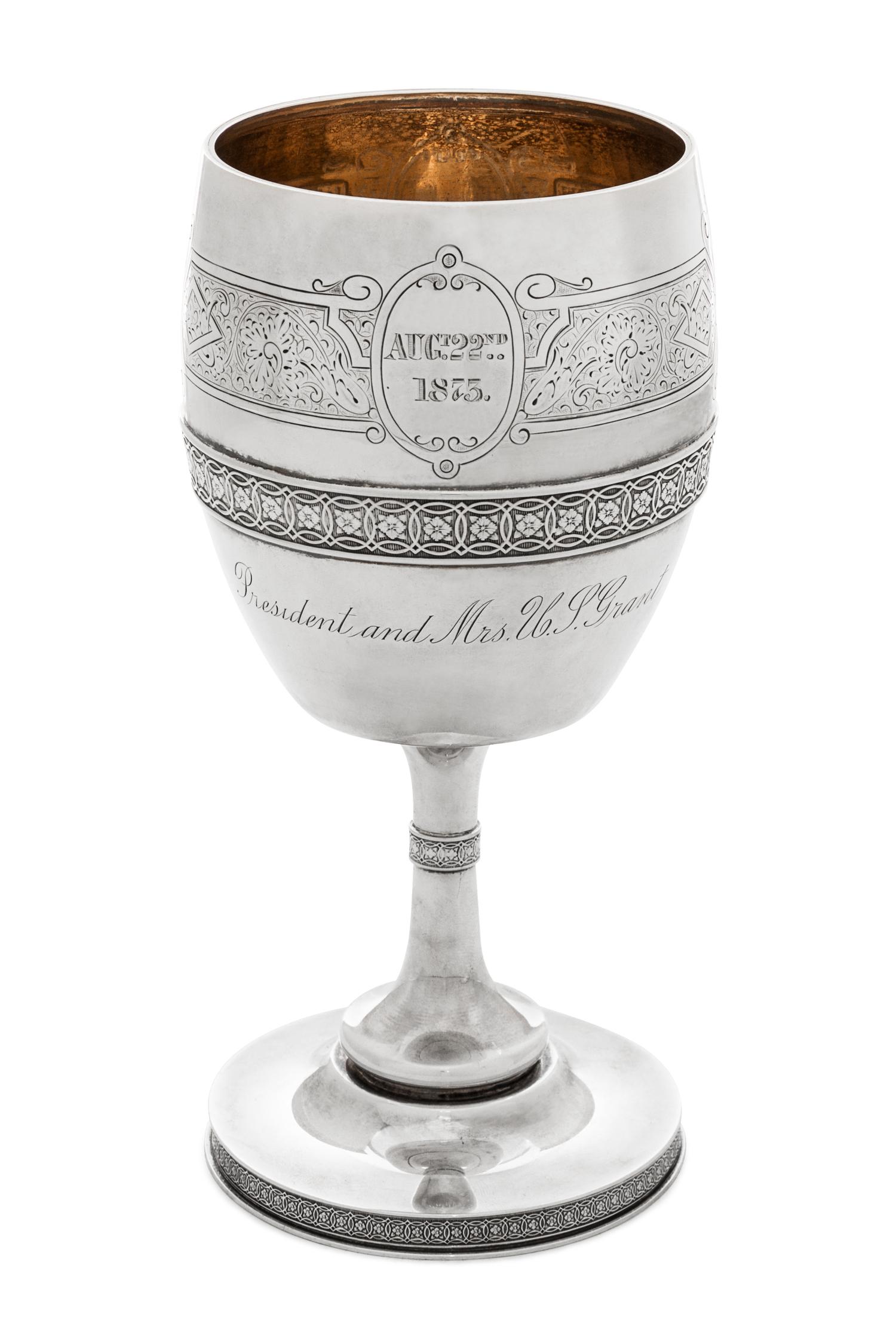 An American Silver Presidential Goblet, Tiffany & Co., New York, NY, Circa 1875, of baluster form with bright cut Aesthetic decorated b