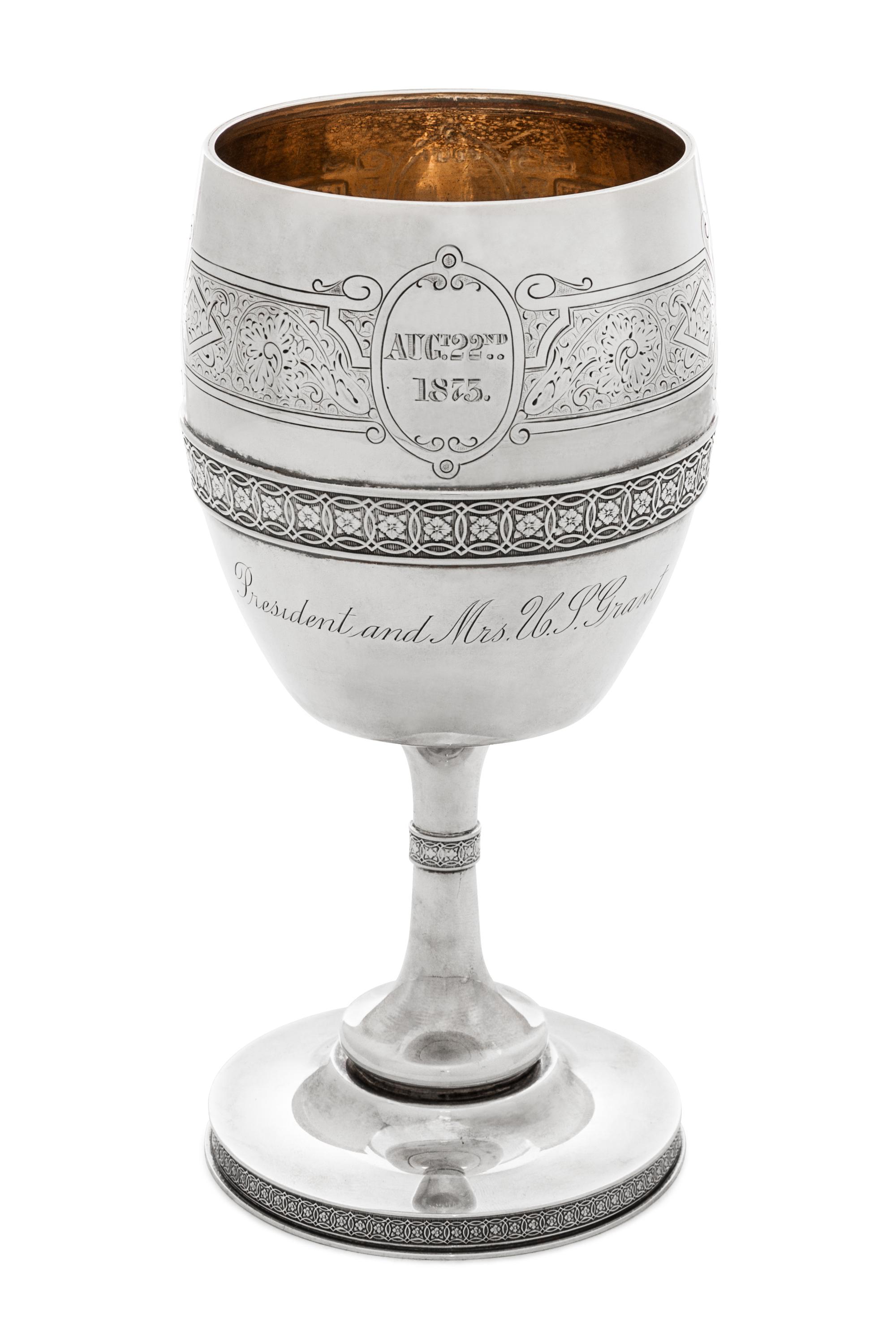 An American Silver Presidential Goblet, Tiffany & Co., New York, NY, Circa 1875, of baluster form with bright cut Aesthetic decorated b