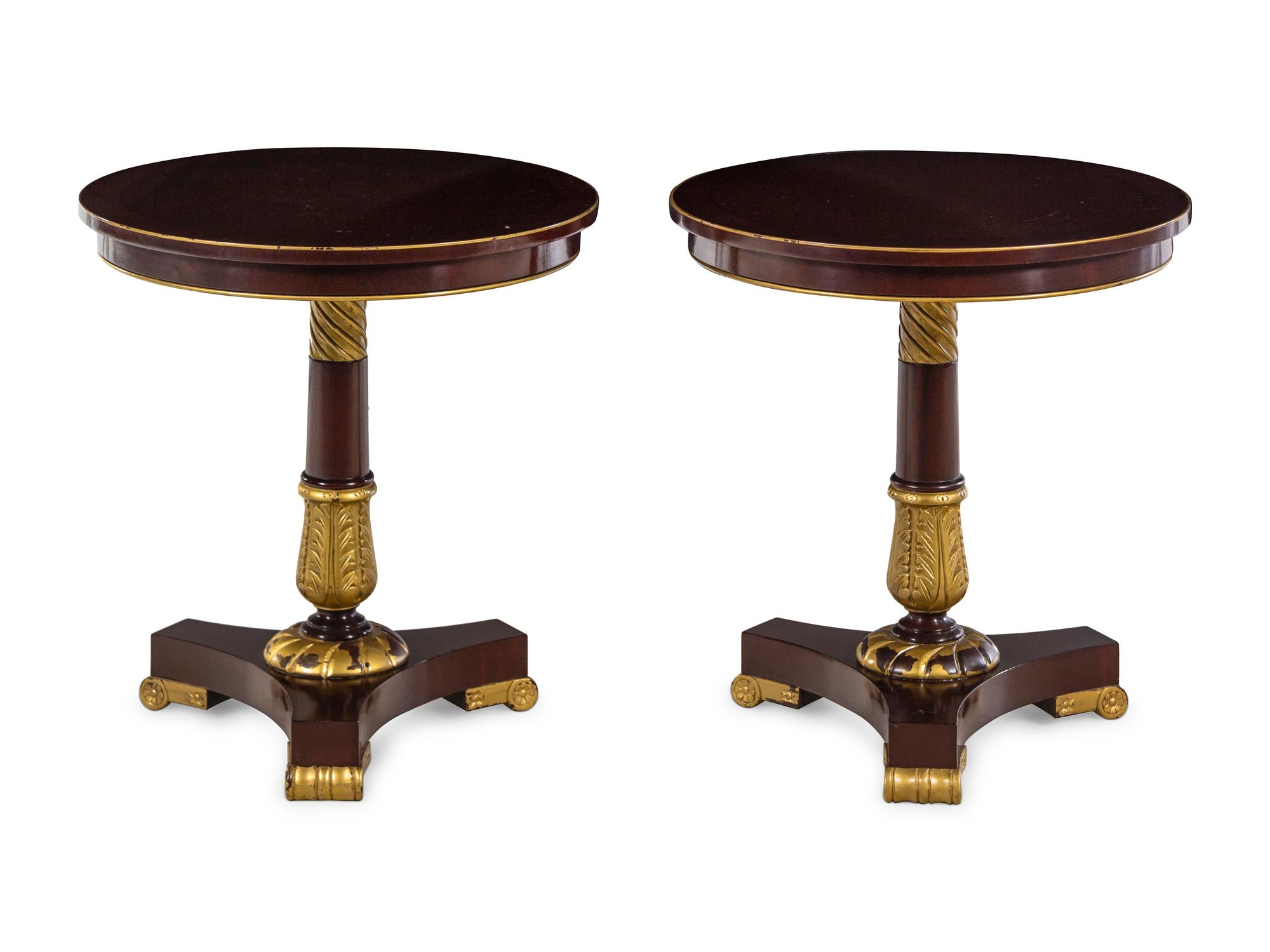 A Pair of Clive Christian Empire Style Parcel Gilt Pedestal Tables