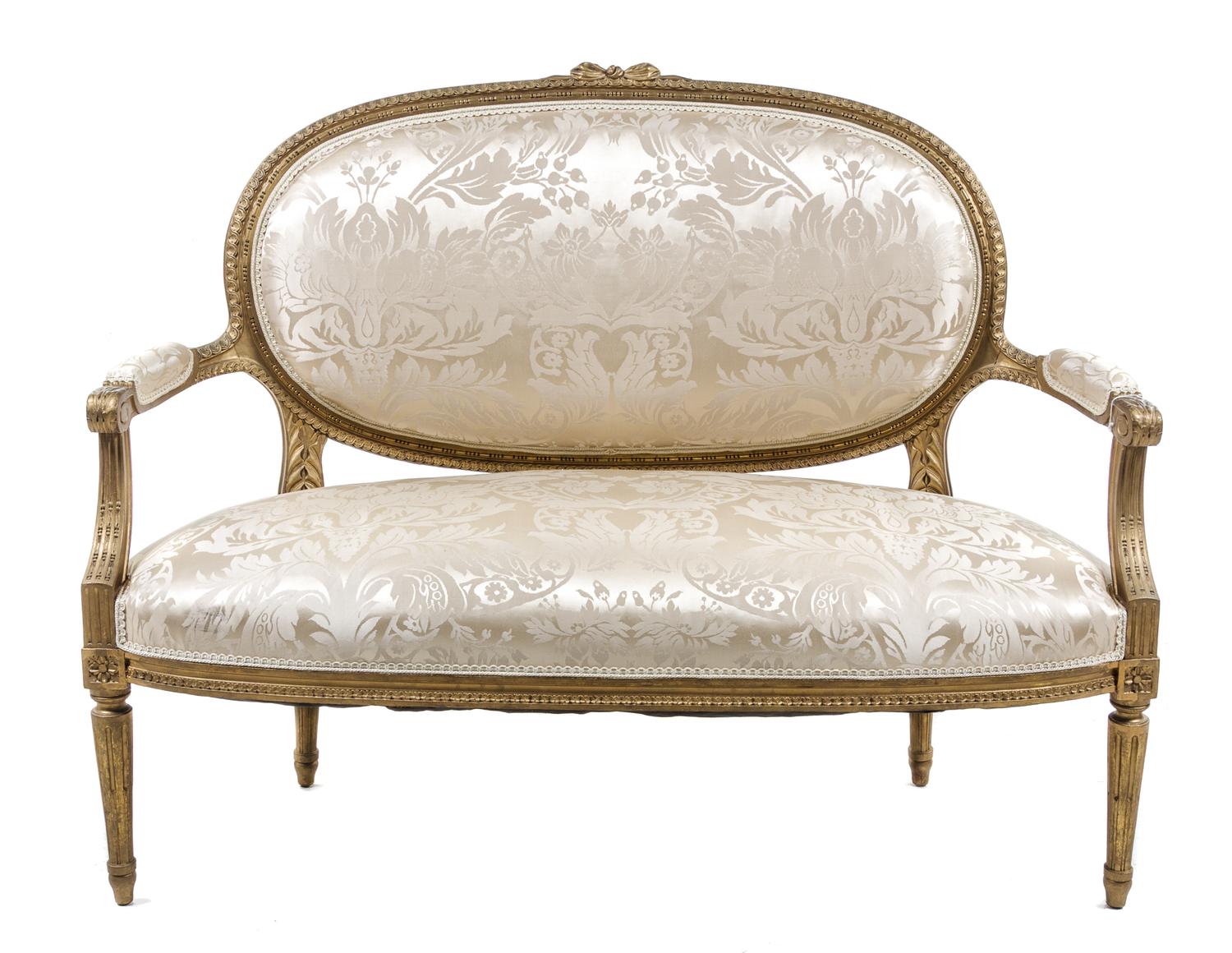 A Louis XVI Style Giltwood Canape Height 40 1/4 x width 50 1/2 x depth 25 inches. — 19TH/20TH CENTURY