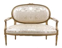 A Louis XVI Style Giltwood Canape Height 40 1/4 x width 50 1/2 x depth 25 inches. — 19TH/20TH CENTURY