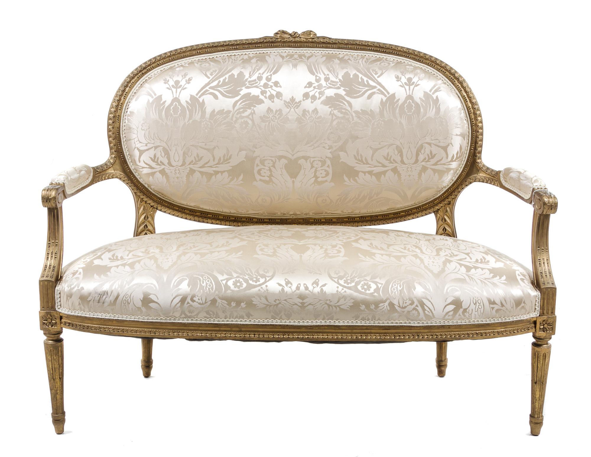 A Louis XVI Style Giltwood Canape Height 40 1/4 x width 50 1/2 x depth 25 inches. — 19TH/20TH CENTURY
