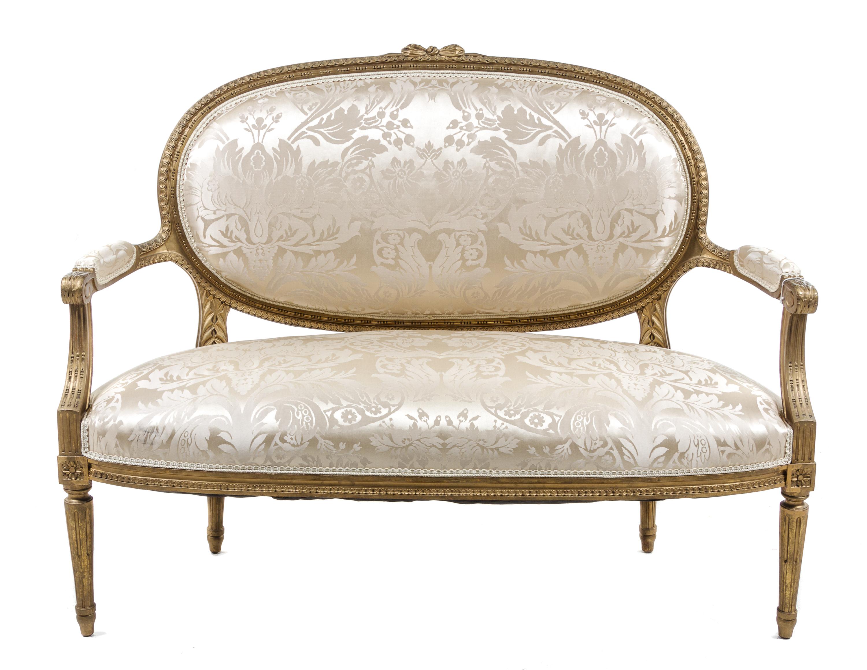 A Louis XVI Style Giltwood Canape Height 40 1/4 x width 50 1/2 x depth 25 inches. — 19TH/20TH CENTURY