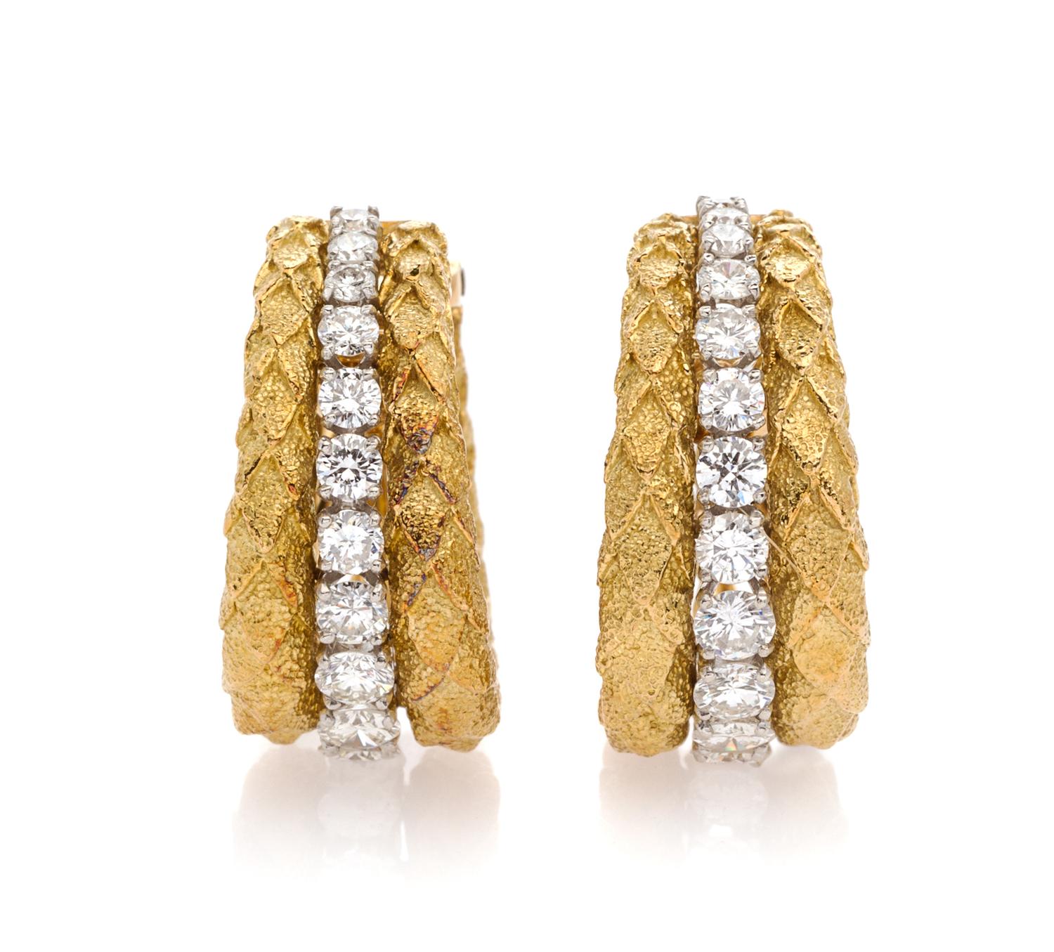 A Pair of 18 Karat Yellow Gold, Platinum and Diamond Earclips, David Webb, 19.90 dwts.
