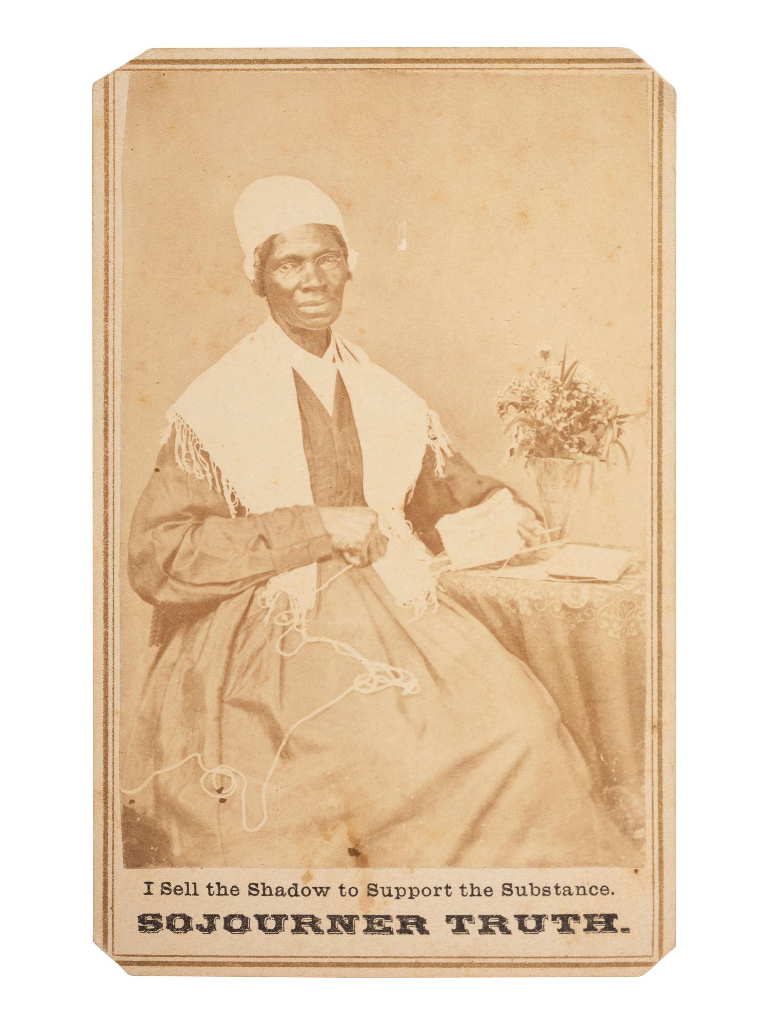 [TRUTH, SOJOURNER (1797-1883)]. CDV of Sojourner Truth with flowers. Uncredited: Michigan, 1864.