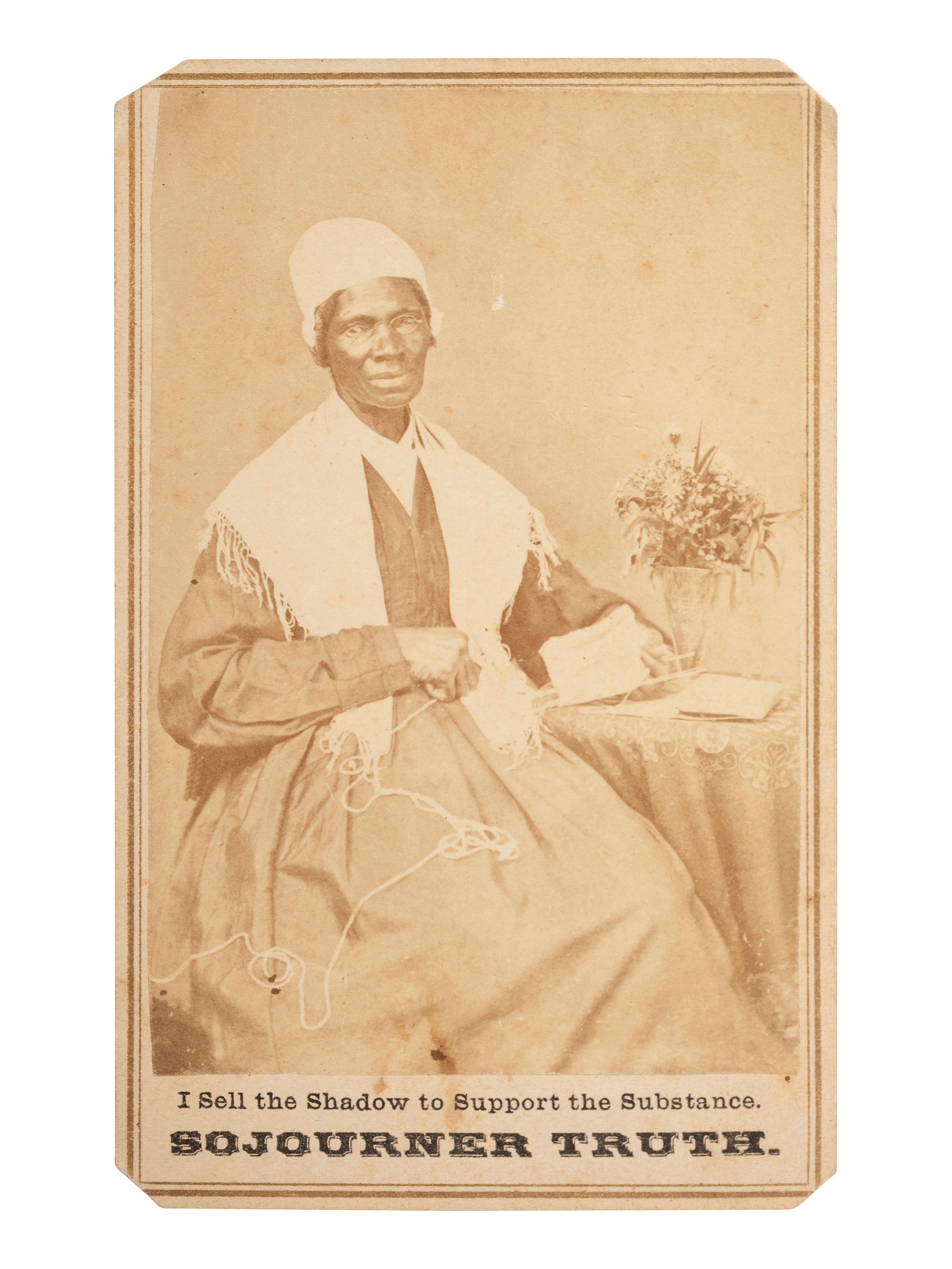 [TRUTH, SOJOURNER (1797-1883)]. CDV of Sojourner Truth with flowers. Uncredited: Michigan, 1864.