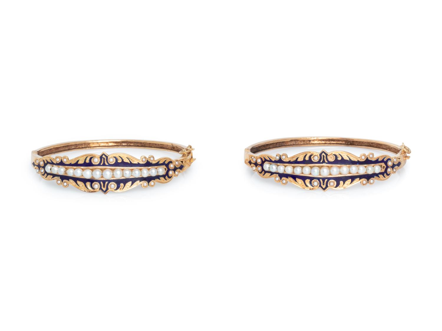 PAIR OF YELLOW GOLD, CULTURED PEARL AND ENAMEL BANGLE BRACELETS