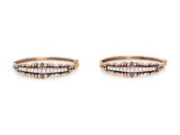 PAIR OF YELLOW GOLD, CULTURED PEARL AND ENAMEL BANGLE BRACELETS