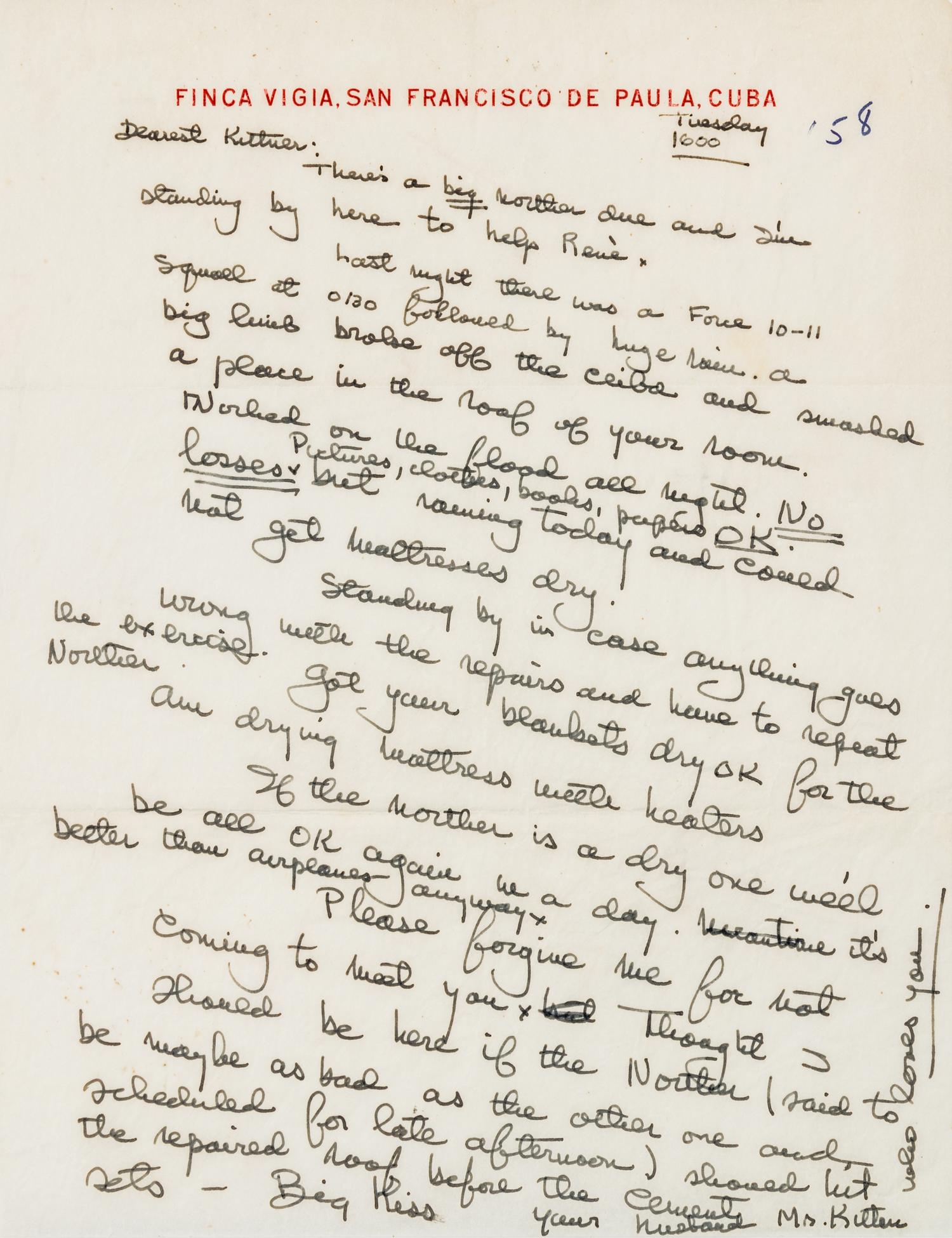 HEMINGWAY, Ernest (1899-1961). Autograph letter signed ("Mr. Kitten"), to wife Mary ("Dearest Kitten"). Finca Vigia, Cuba, [c.1958].