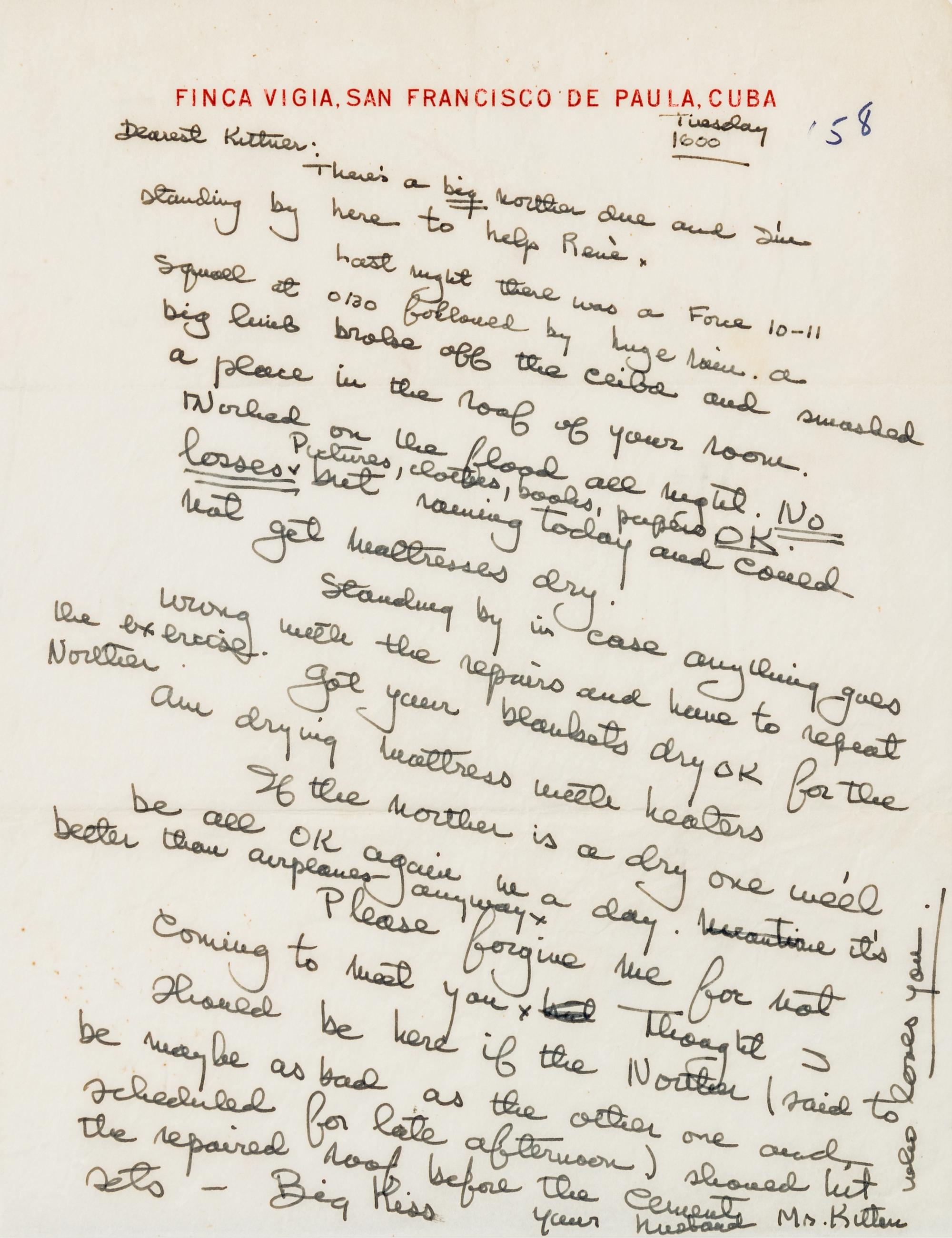 HEMINGWAY, Ernest (1899-1961). Autograph letter signed ("Mr. Kitten"), to wife Mary ("Dearest Kitten"). Finca Vigia, Cuba, [c.1958].