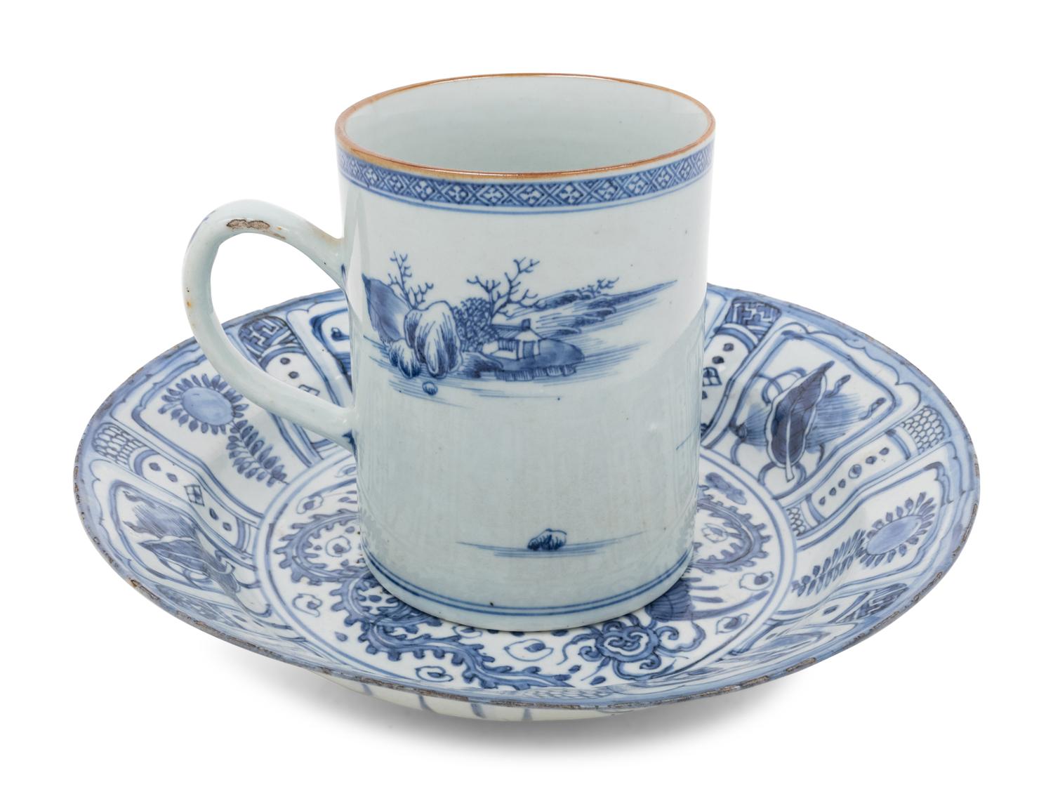A Chinese Export Kraak Ware Charger and a Blue and White Porcelain Mug