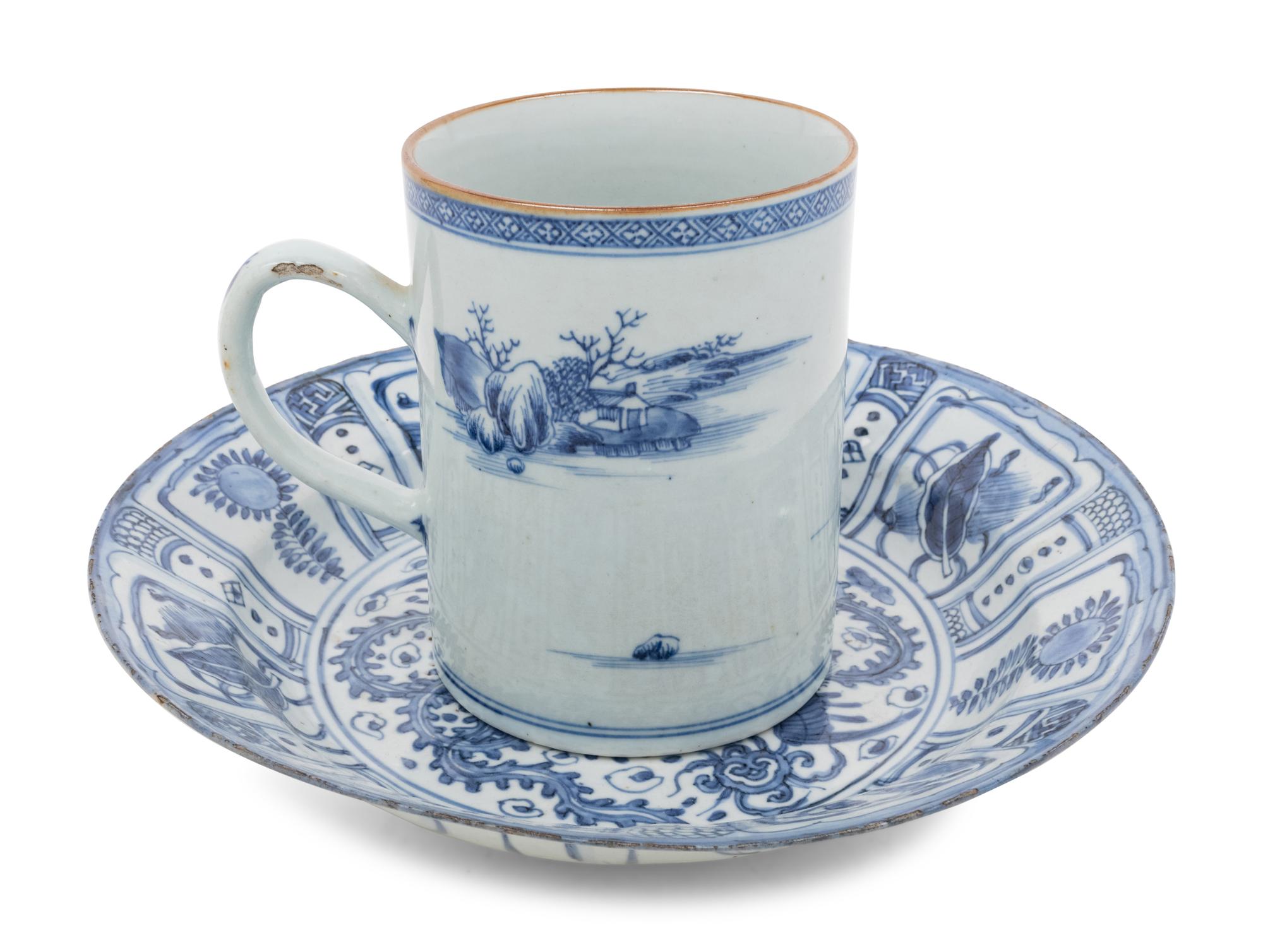 A Chinese Export Kraak Ware Charger and a Blue and White Porcelain Mug