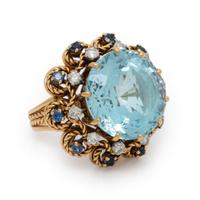 Retro, Aquamarine, Diamond, Sapphire, and Rose Gold Ring