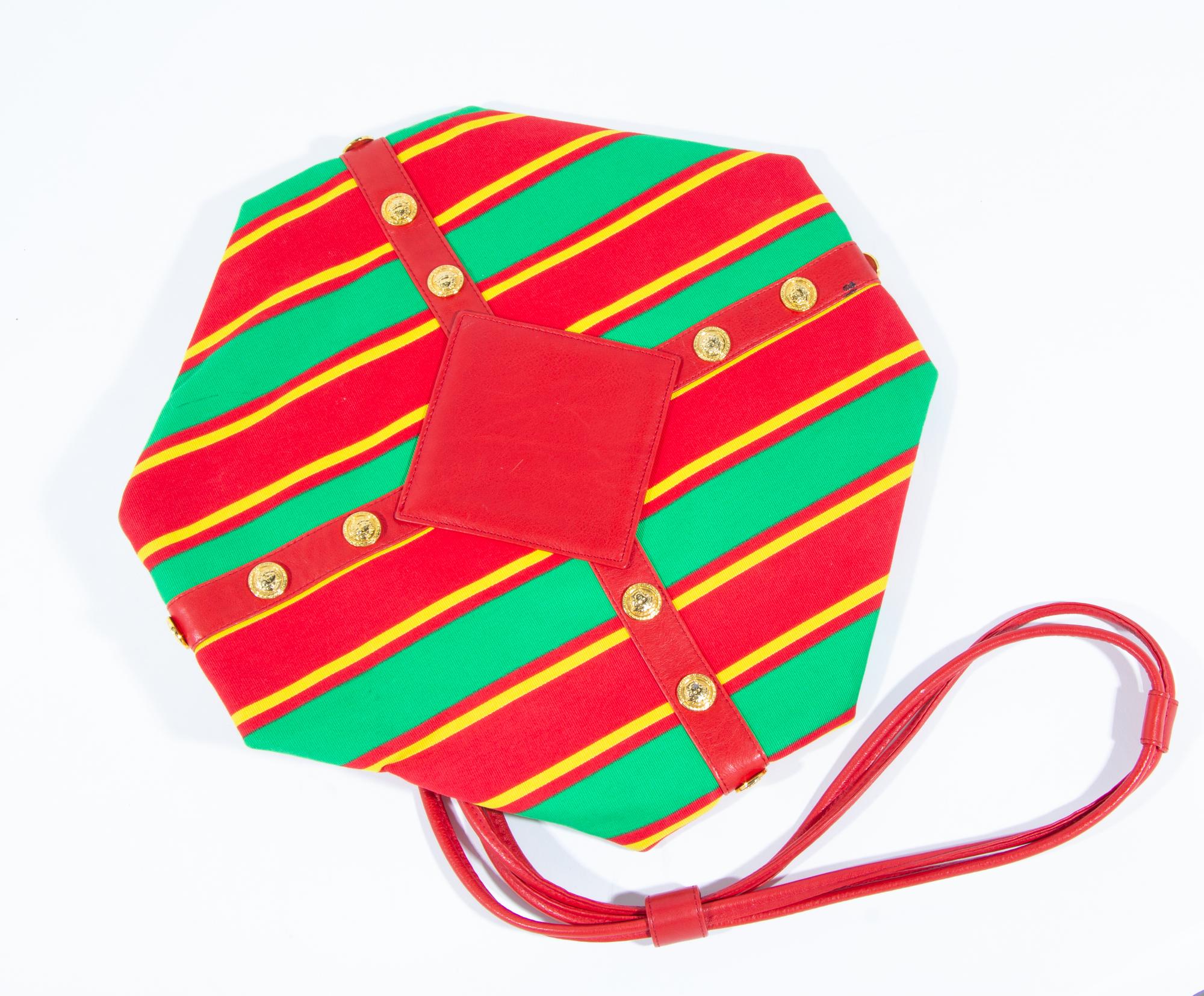 A Gianni Versace Red and Green Striped Hexagon Bag, Flat: 13.5" x 14"; Strap drop: 21".