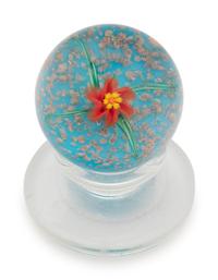 A Charles Kaziun Jr. Red Rope Rose with Twist on Purple Ground Miniature Tilted Pedestal Glass Paperweight