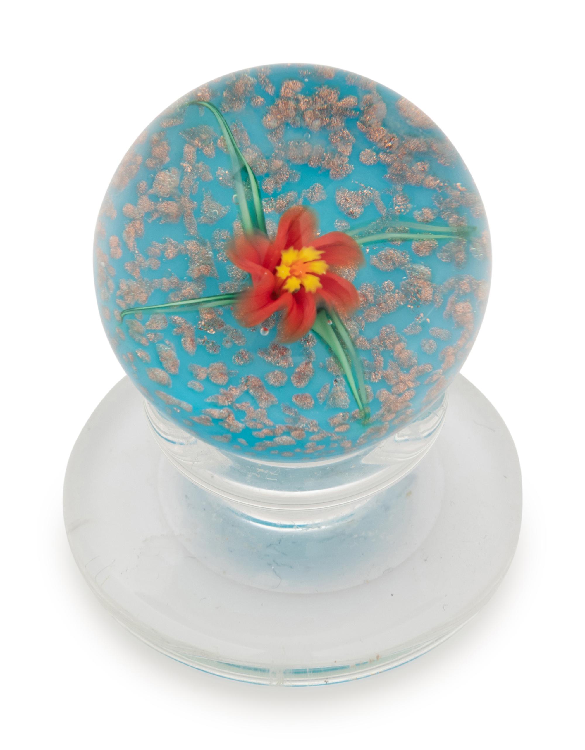 A Charles Kaziun Jr. Red Rope Rose with Twist on Purple Ground Miniature Tilted Pedestal Glass Paperweight