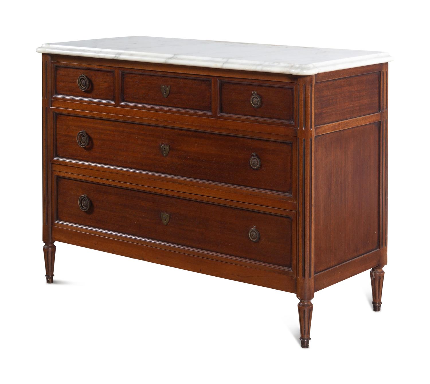 A Louis XVI Style Mahogany Marble-Top Commode