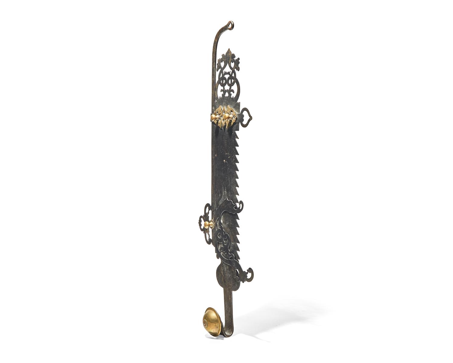 An Elaborate Wrought Iron and Brass Fireplace Trammel, Northern European, Dated "1712"