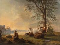 British School, 19th Century — A Shepherd and Four Bulls Beside a River