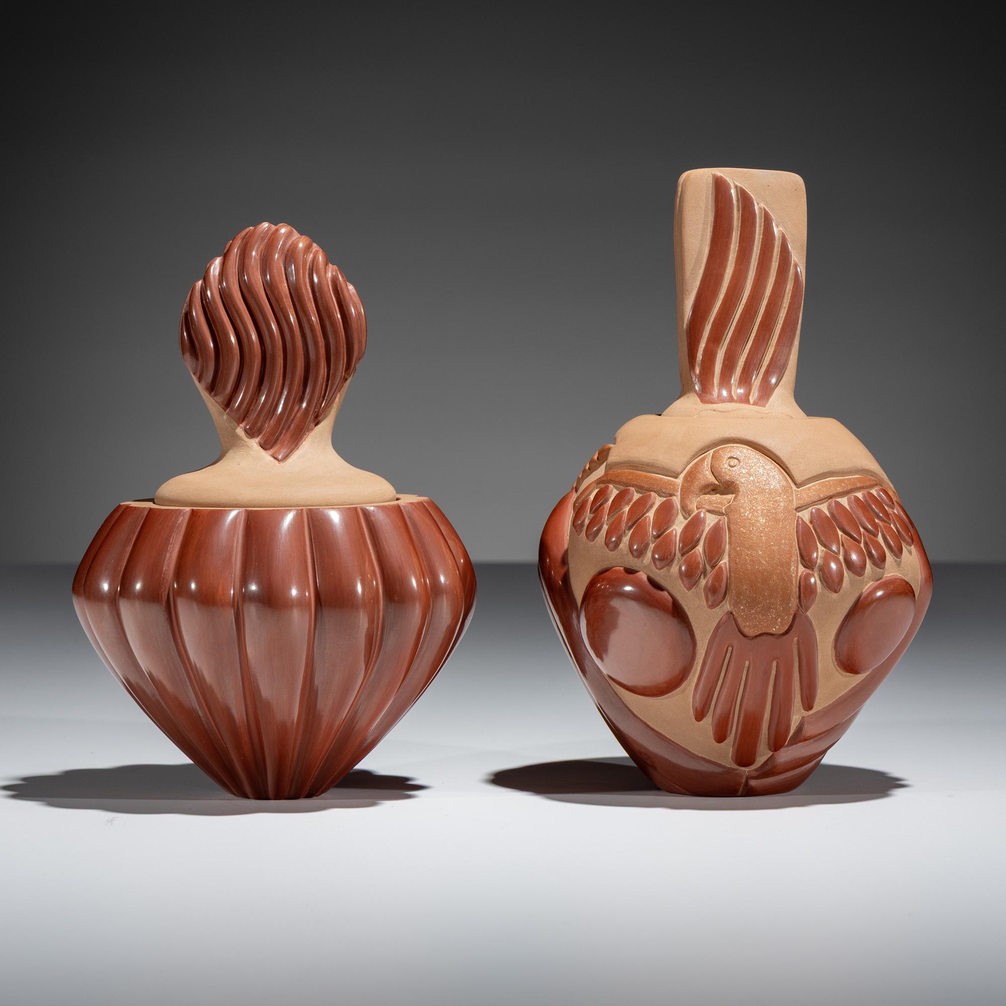 Carved Redware Pottery Vases