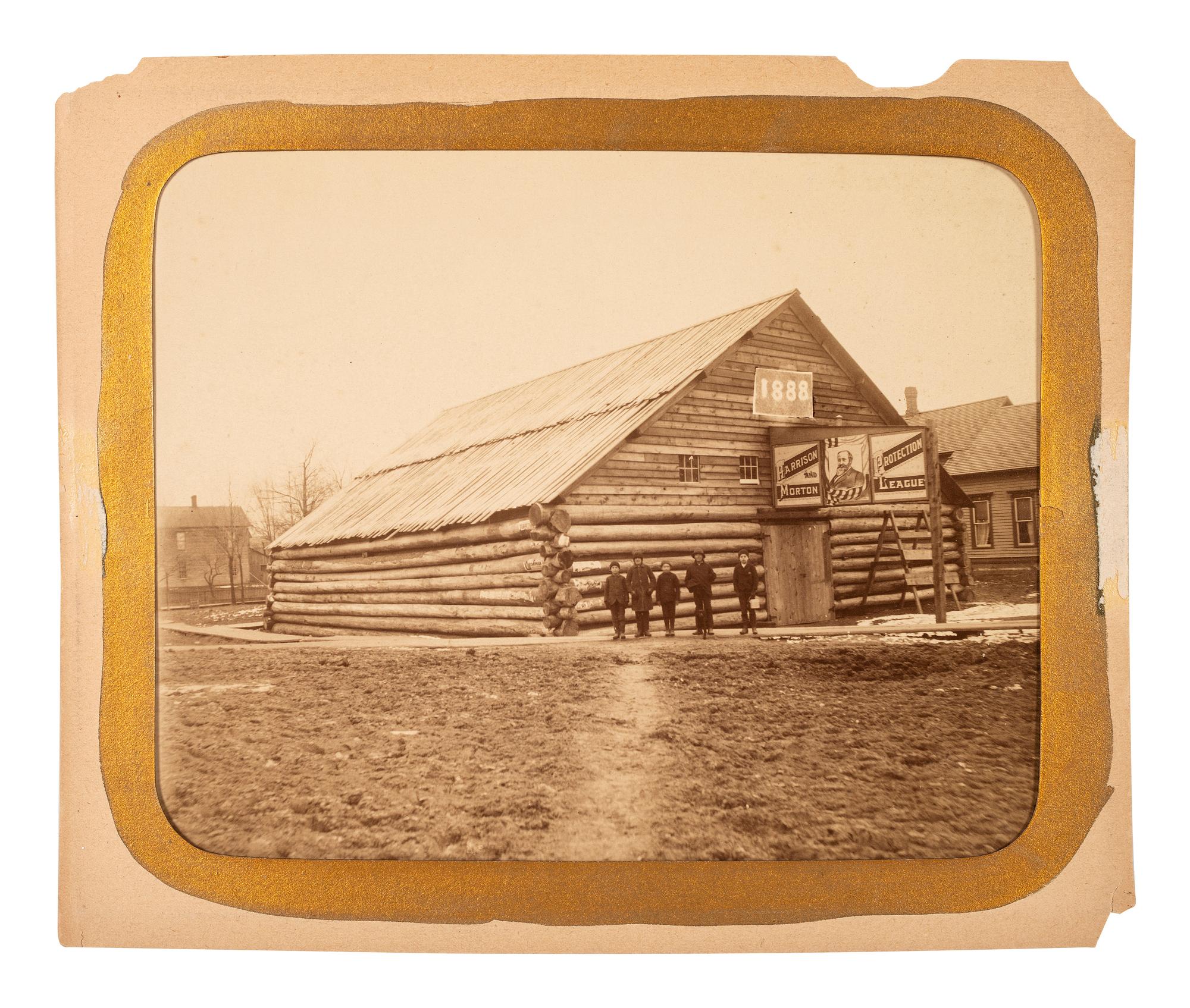 [HARRISON, Benjamin]. Large format albumen photographs of Harrison & Morton log cabin campaign buildings.