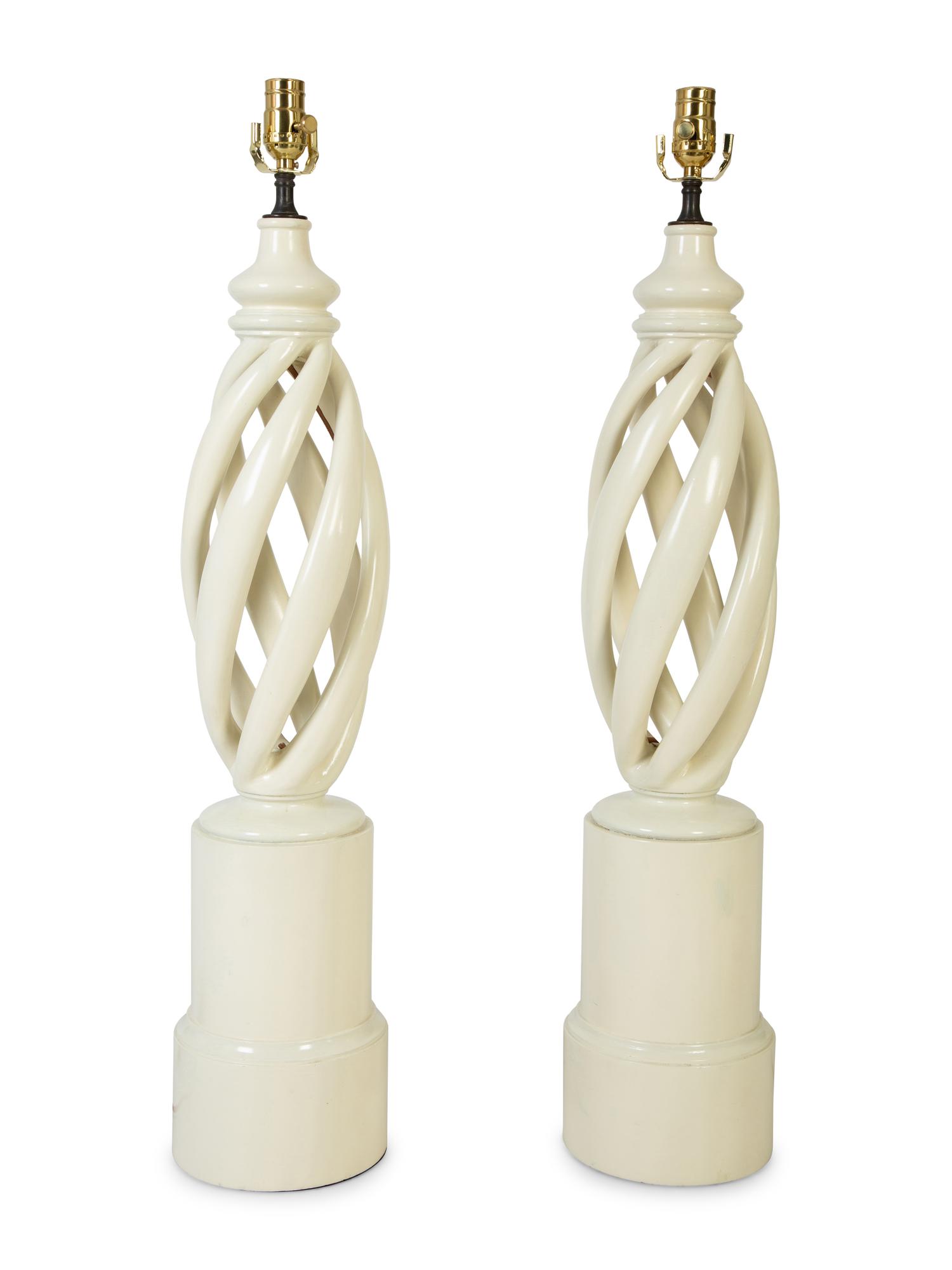 A Pair of Mid-Century Modern White Swirl Lamps Attributed to James Mont — MID-2OTH CENTURY