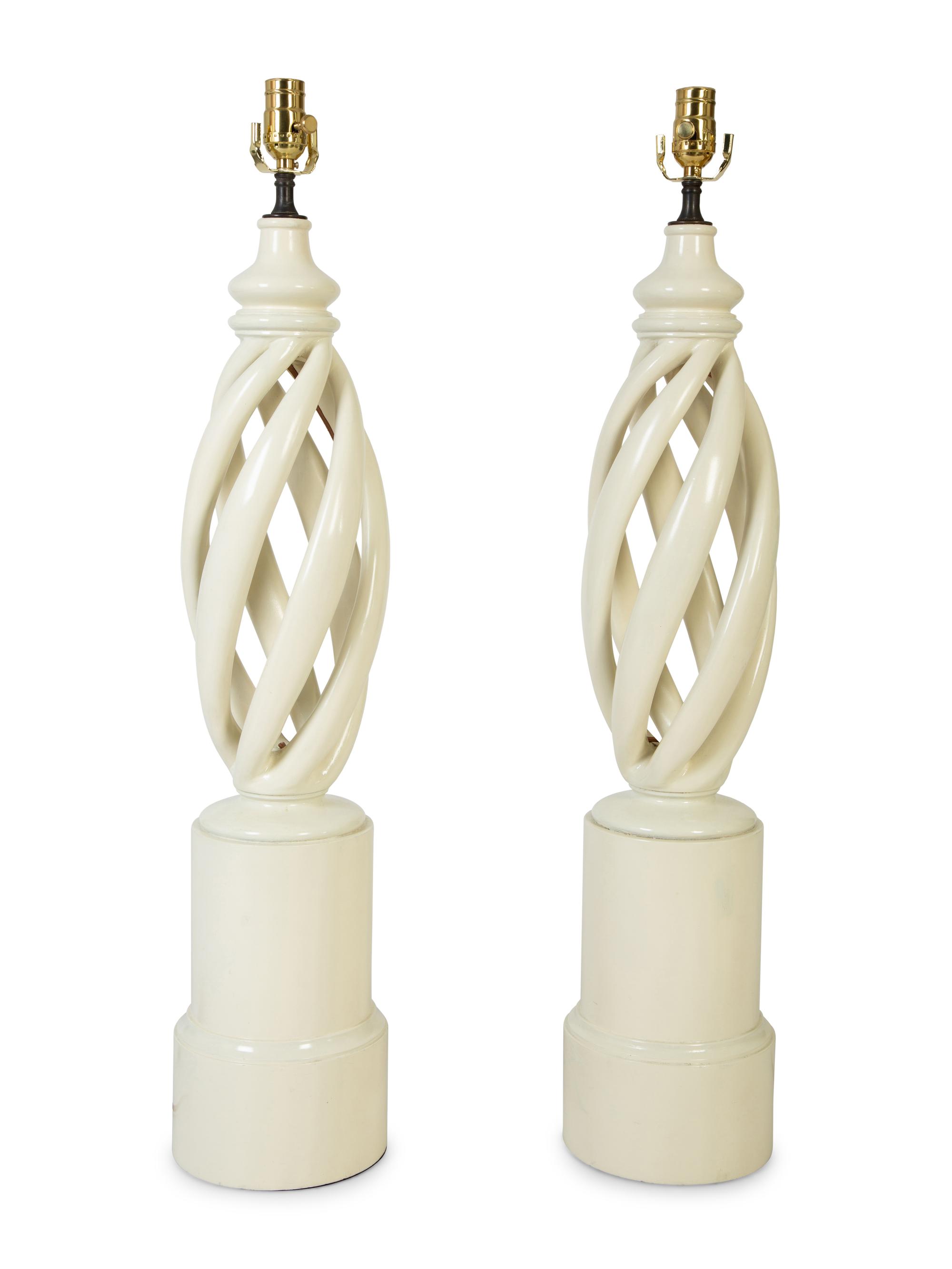 A Pair of Mid-Century Modern White Swirl Lamps Attributed to James Mont — MID-2OTH CENTURY