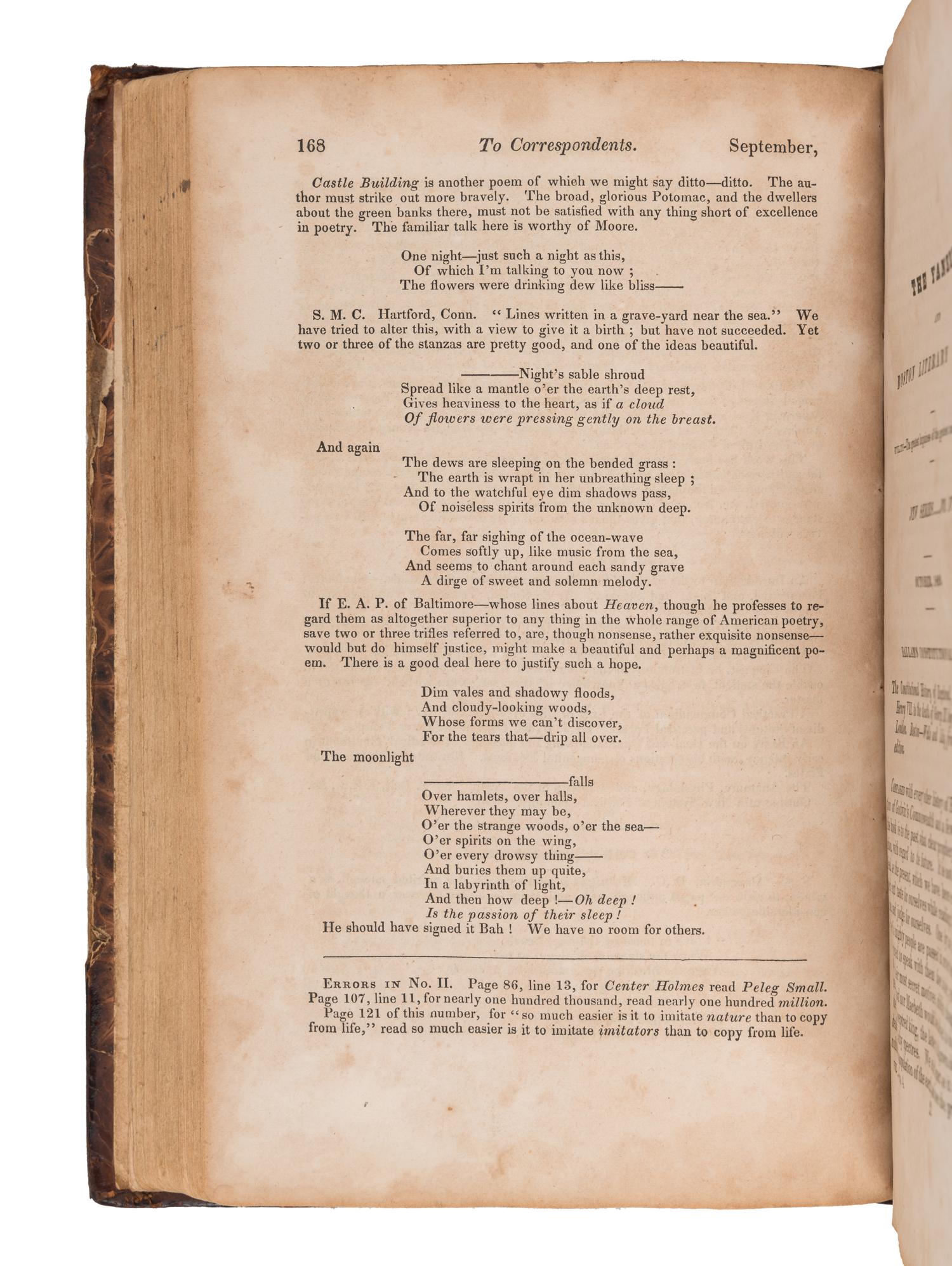 [POE, Edgar Allan (1809-1849)]. [Review of "Fairyland"] pp. 168. -- [Review of "Al Aaraaf" and "Tamerlane"] pp. 295-298. In: The Yankee; and Boston Literary Gazette. No. 79. New Series. John NEAL, editor. N.p.: N.p., July 1829 - November 1829.