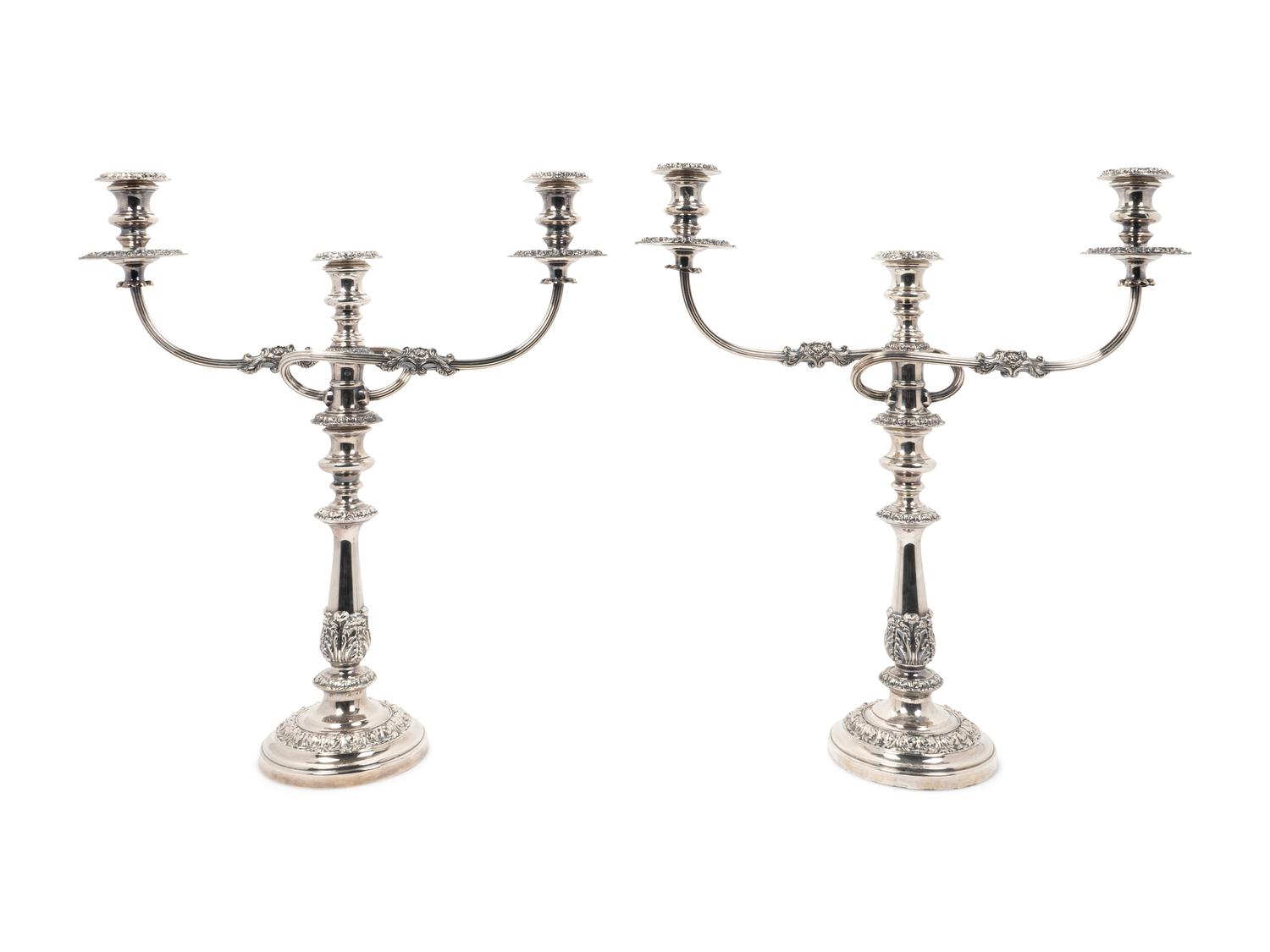 A Pair of English Silverplate Three-Light Candelabra — 20TH CENTURY