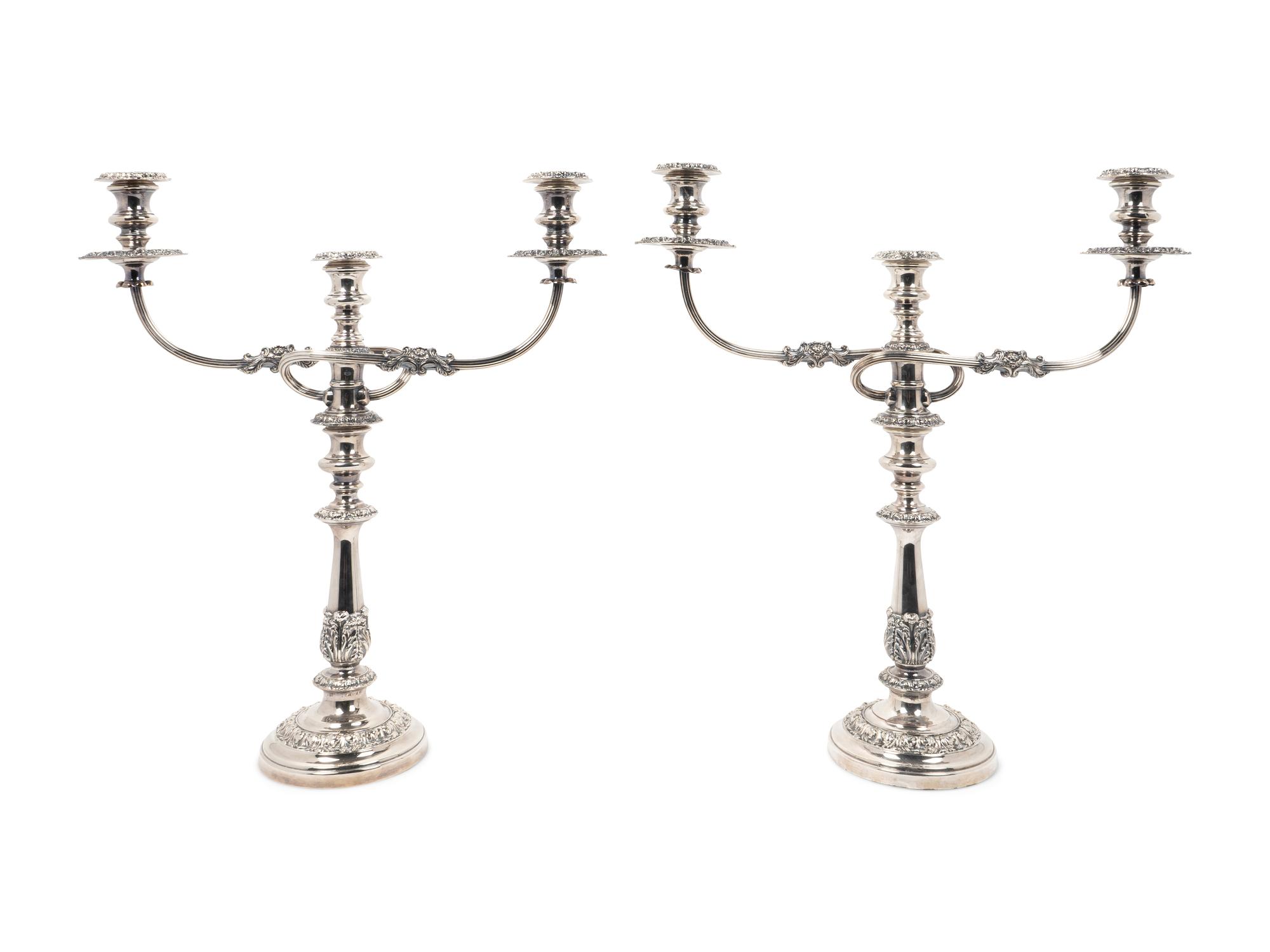 A Pair of English Silverplate Three-Light Candelabra — 20TH CENTURY