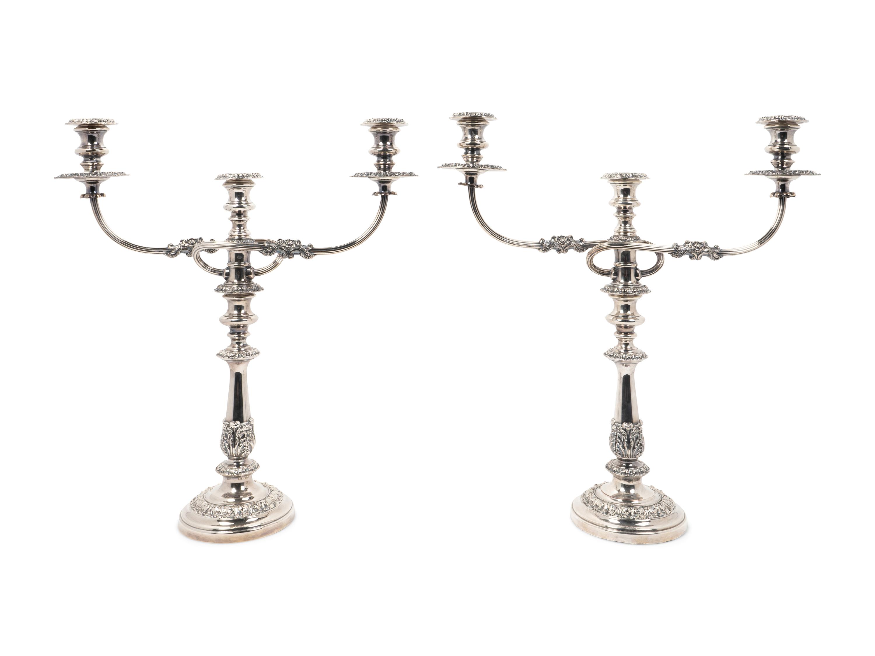 A Pair of English Silverplate Three-Light Candelabra — 20TH CENTURY