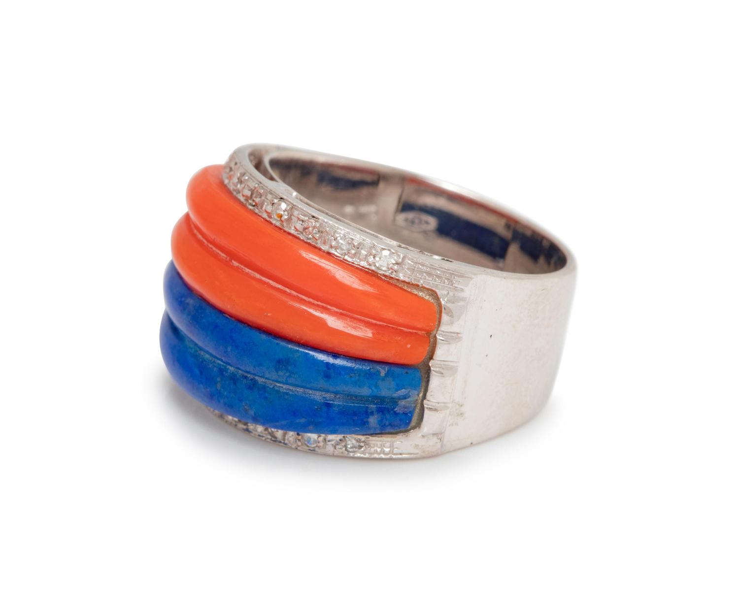 CORAL, LAPIS LAZULI AND DIAMOND RING