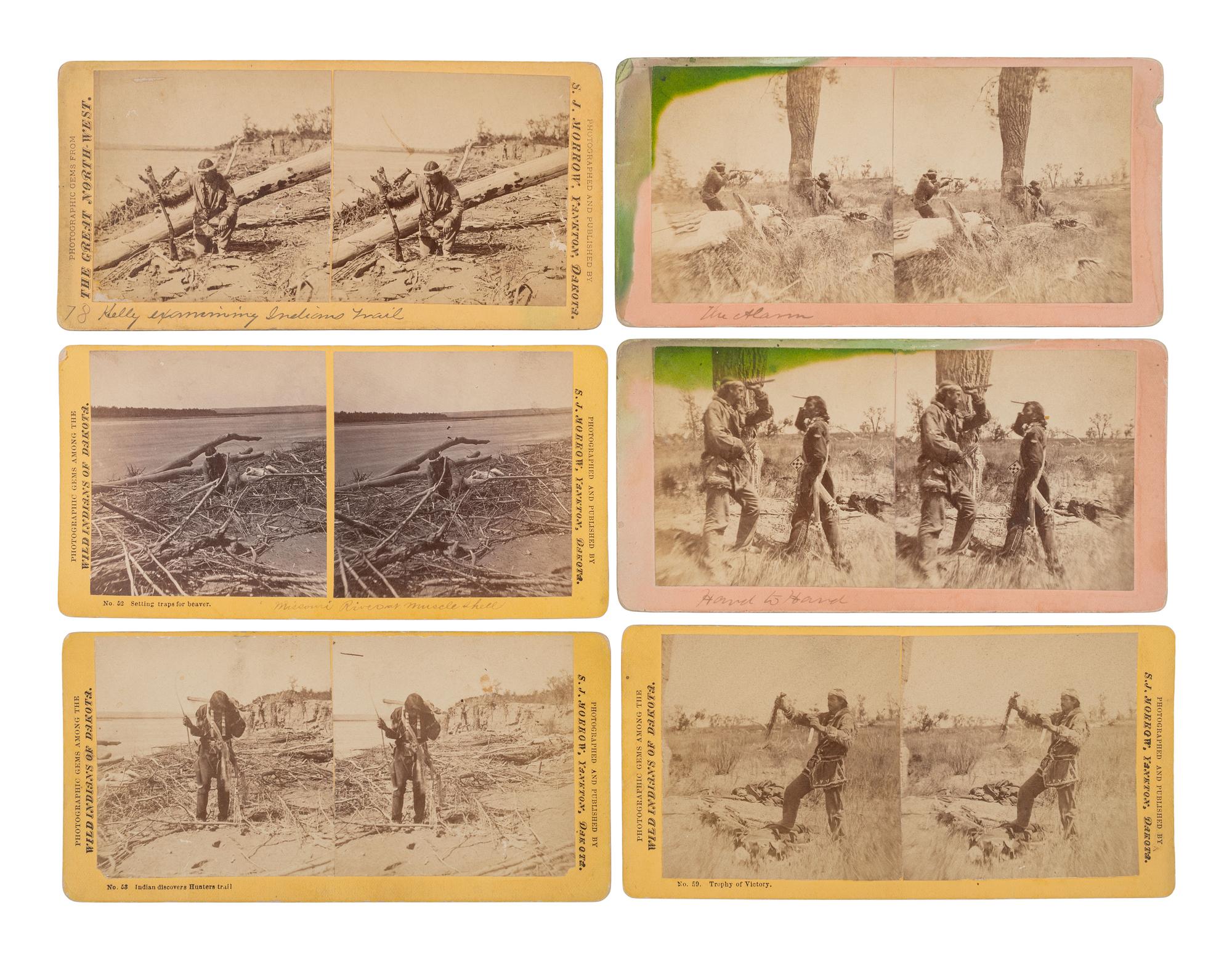 MORROW, Stanley J. (1843-1921), photographer. A group of 7 stereoviews documenting a staged encounter between Luther "Yellowstone" Kelly and a Sioux Indian.