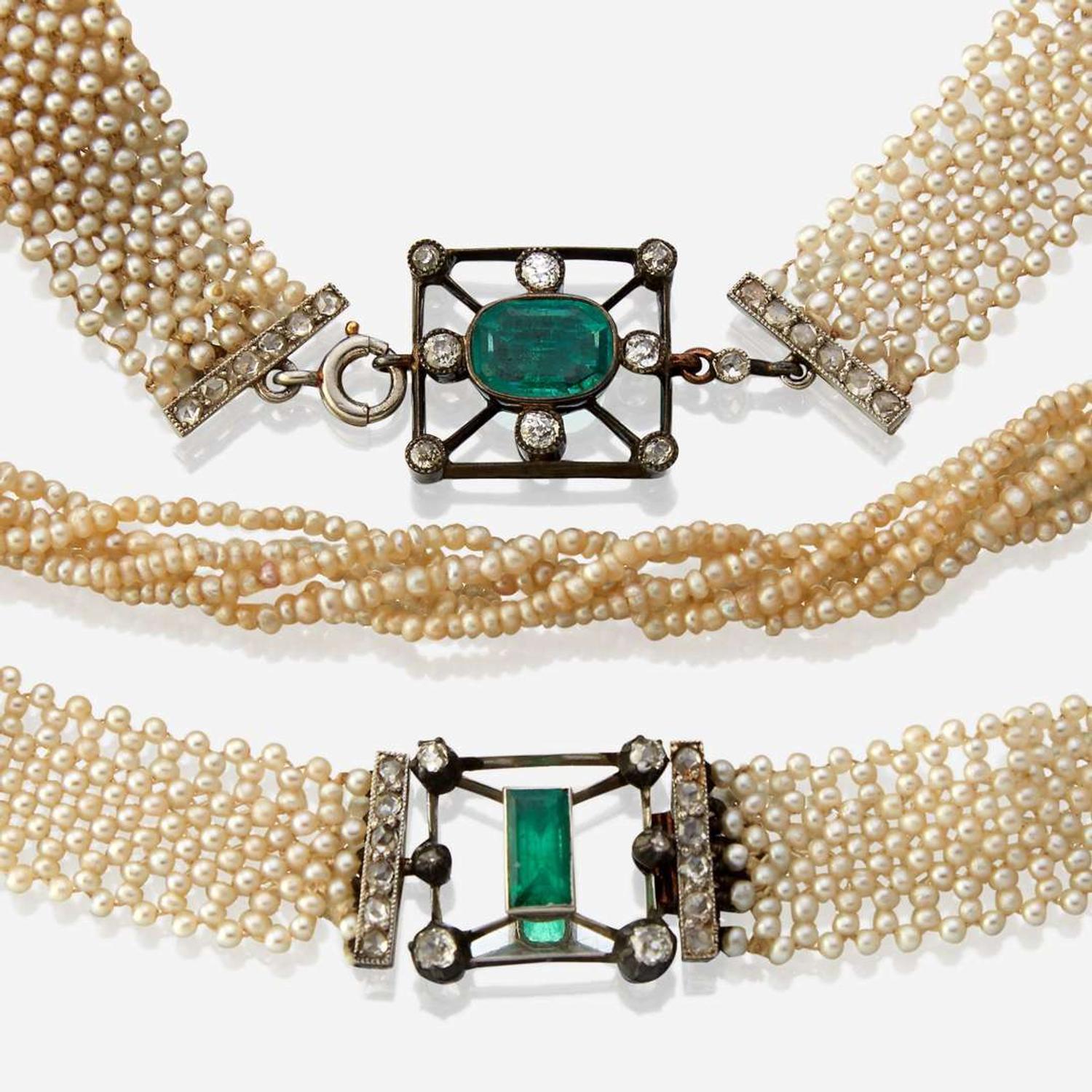 A collection of three seed pearl, gem-set, silver, platinum, and gold chokers