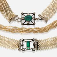 A collection of three seed pearl, gem-set, silver, platinum, and gold chokers
