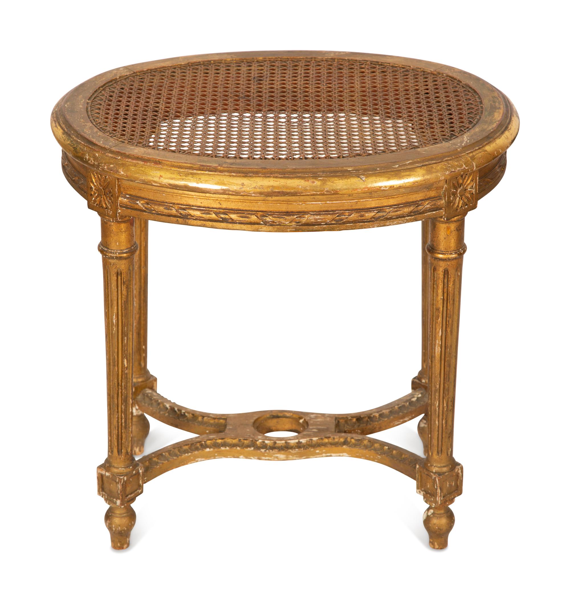 A Louis XVI Style Cane-Top Oval Table and a Louis XV Style Giltwood Square Table