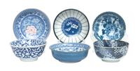 A Collection of Five Japanese Porcelain Bowls Diameter of largest 6 1/2 inches.