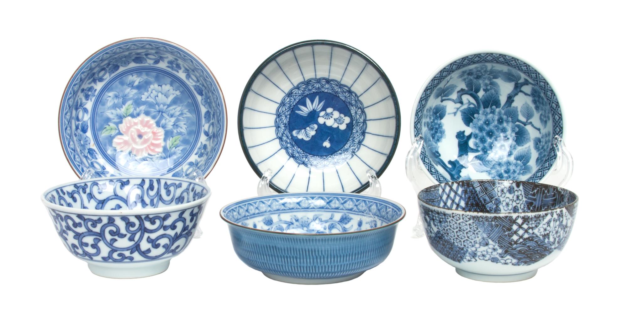 A Collection of Five Japanese Porcelain Bowls Diameter of largest 6 1/2 inches.