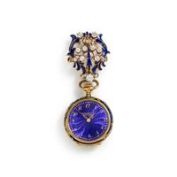 TIFFANY & CO., ANTIQUE, 18K YELLOW GOLD, ENAMEL AND DIAMOND OPEN FACE LAPEL WATCH