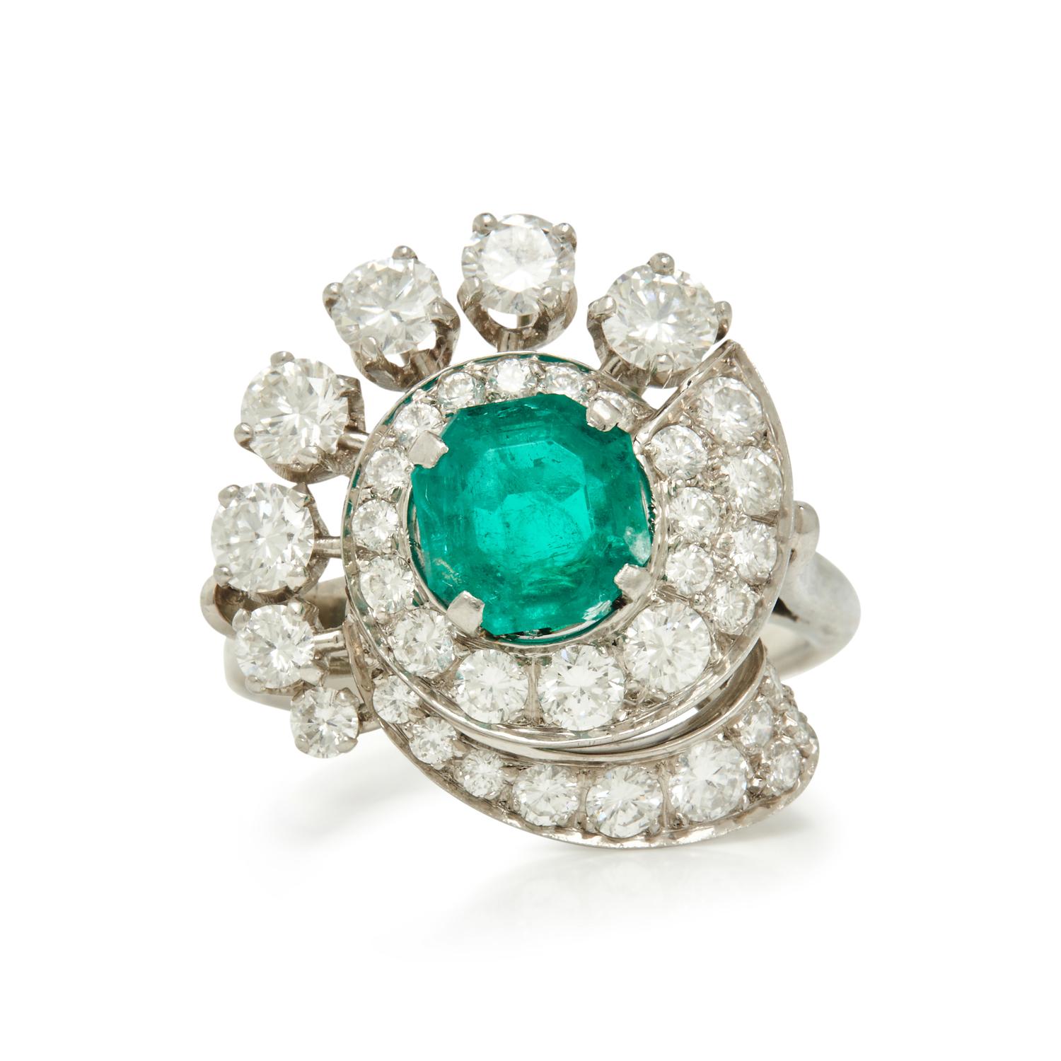 PLATINUM, EMERALD AND DIAMOND RING