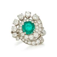 PLATINUM, EMERALD AND DIAMOND RING