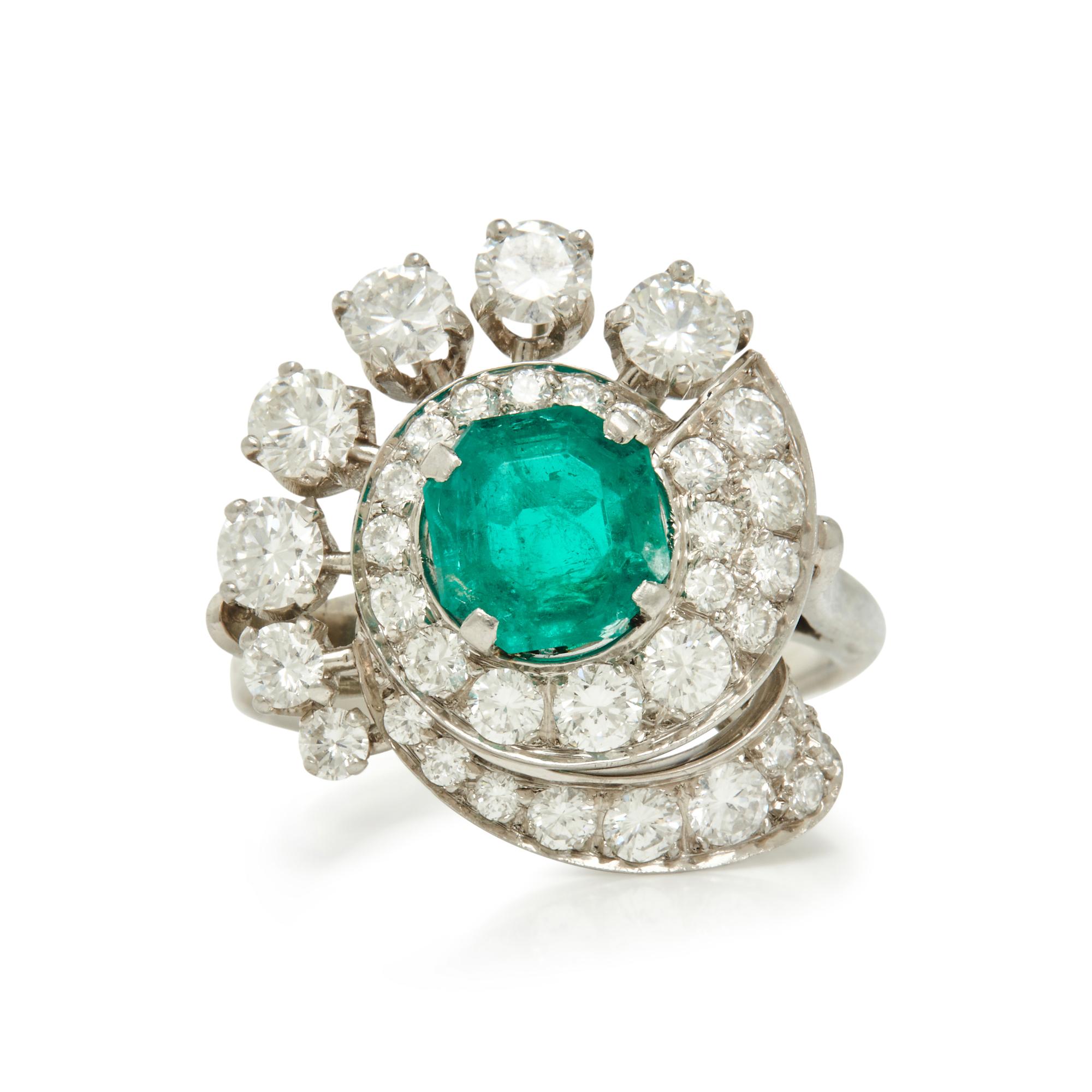 PLATINUM, EMERALD AND DIAMOND RING