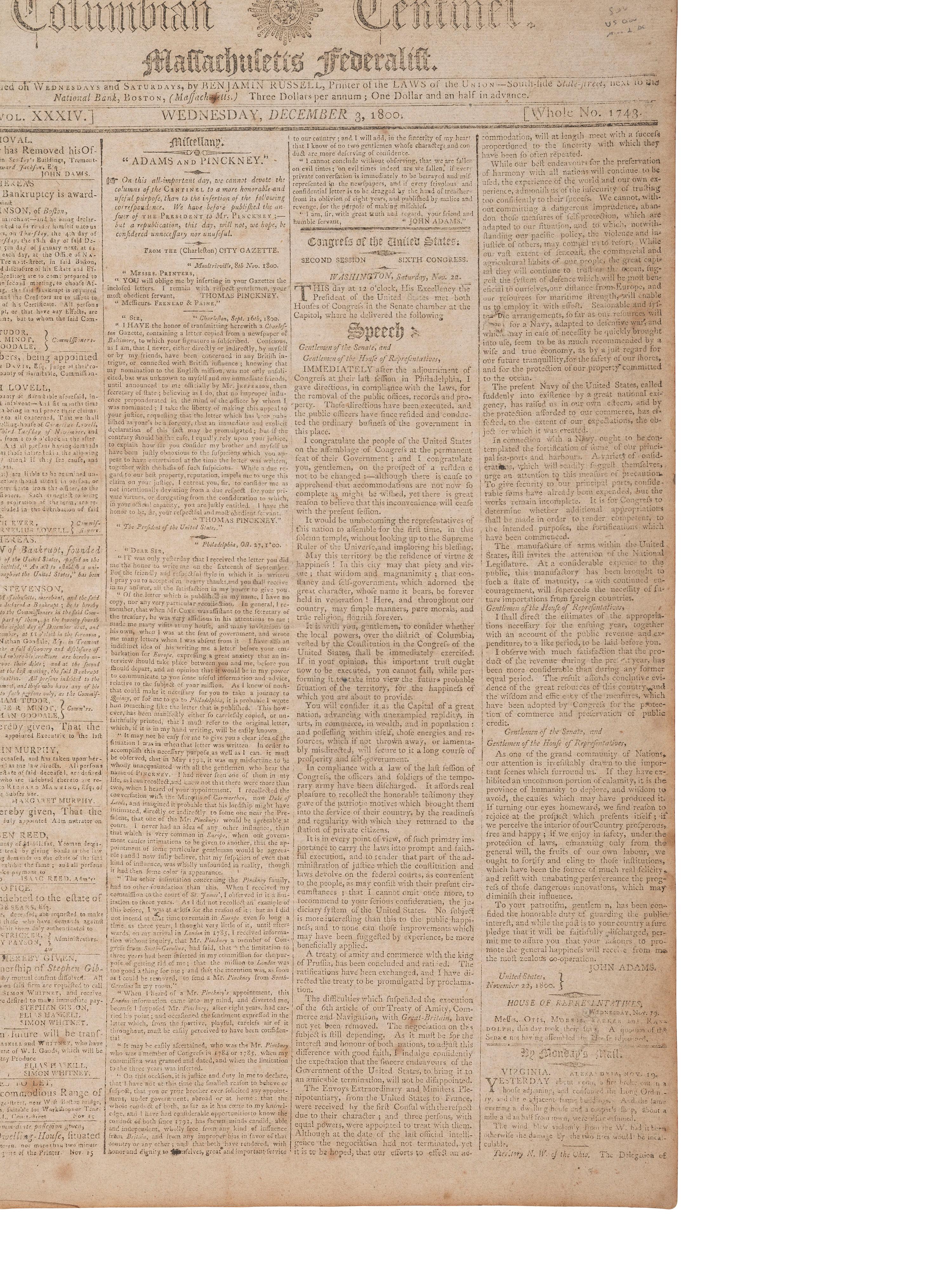 [ADAMS, John (1735-1826)]. John Adams' last State of the Union Address feat. in Columbian Centinel .