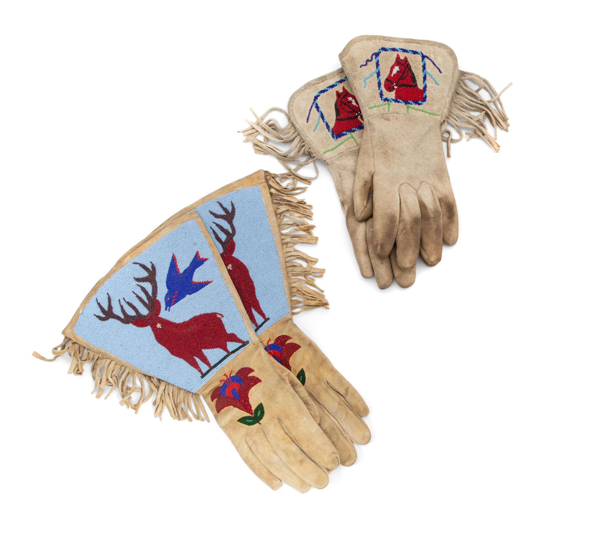 Two Pairs of Plateau Beaded Hide Gauntlets