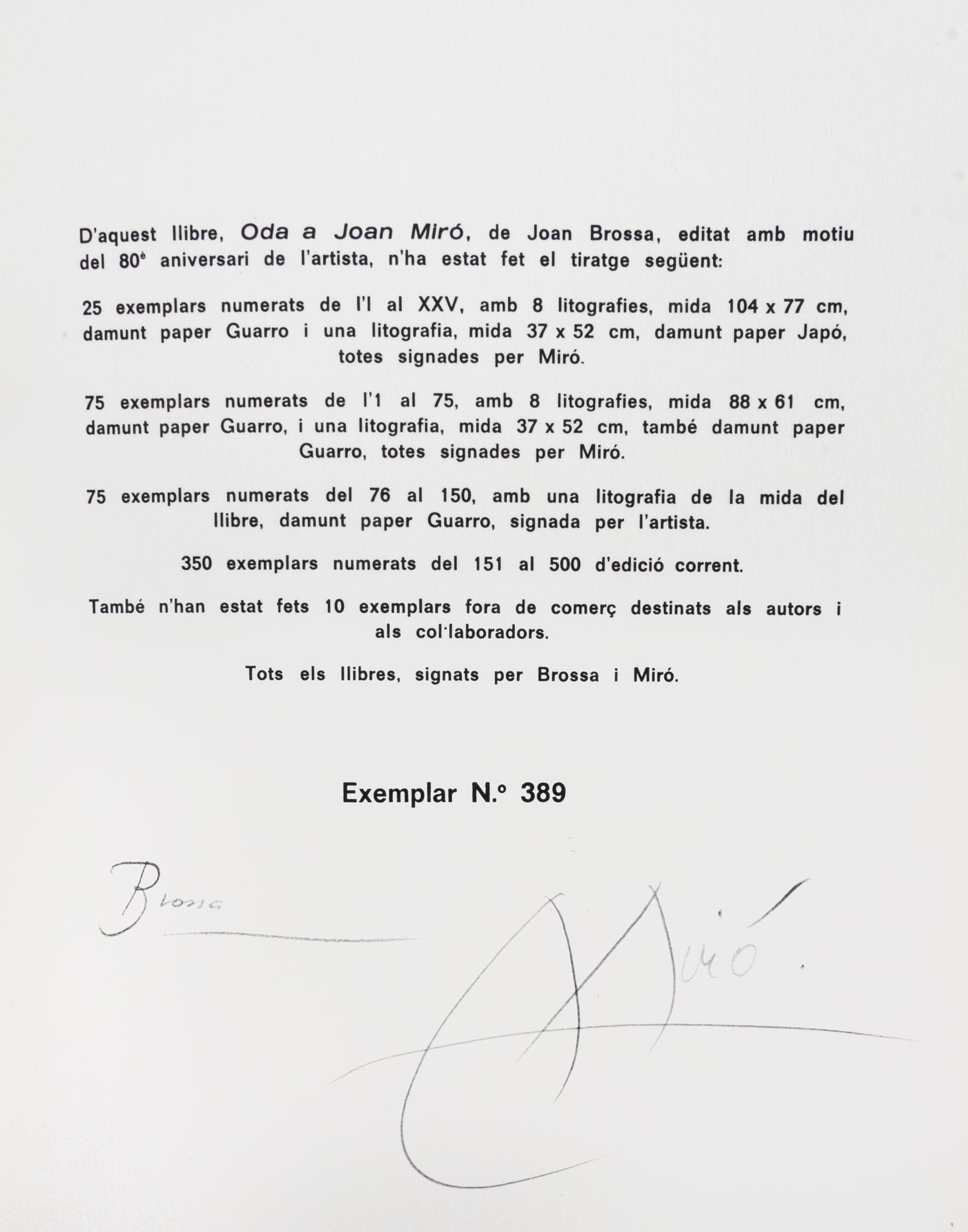 (MIRO, JOAN) BROSSA, JOAN. Oda a Joan Miro. Barcelona, 1973. Signed, limited.