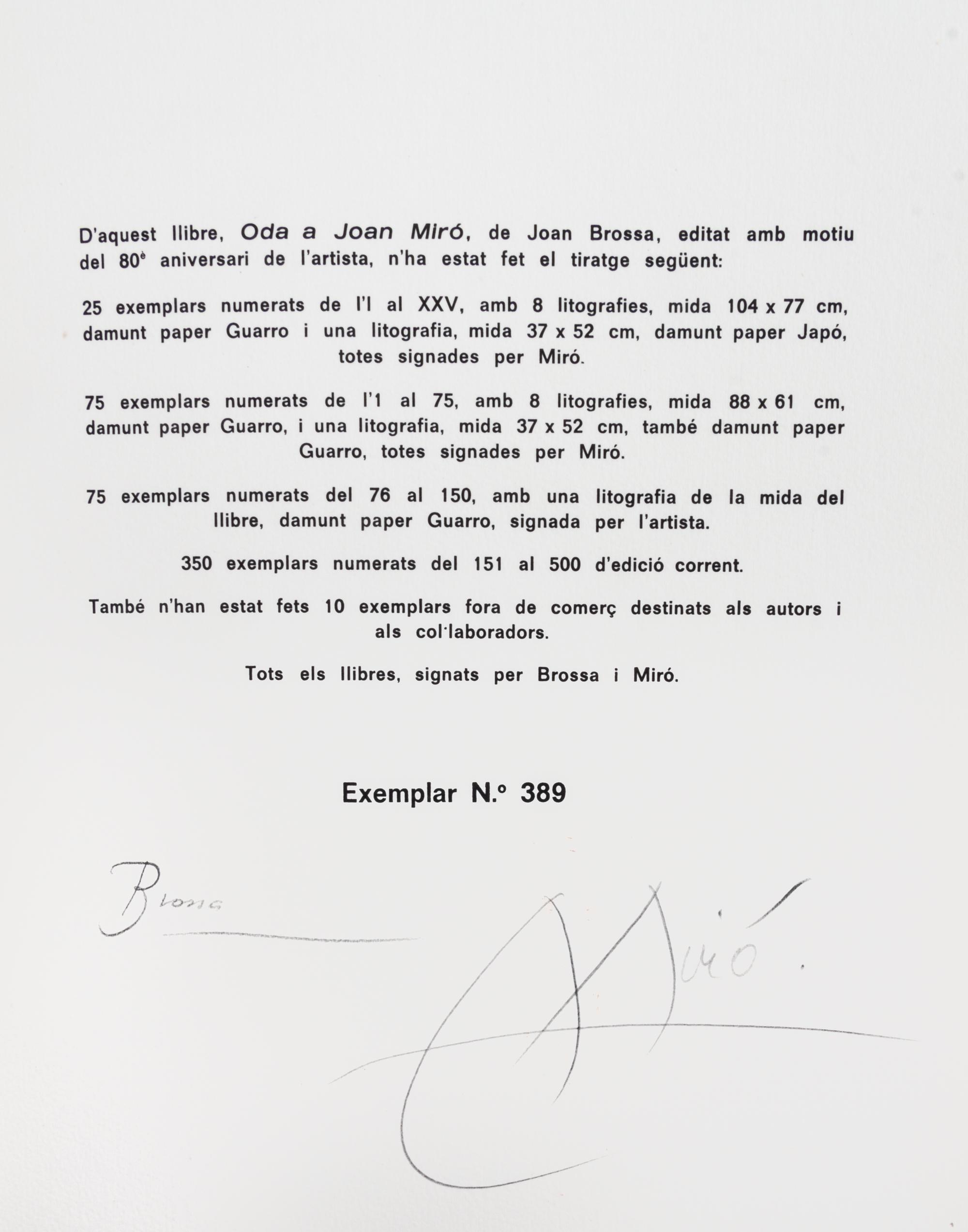 (MIRO, JOAN) BROSSA, JOAN. Oda a Joan Miro. Barcelona, 1973. Signed, limited.